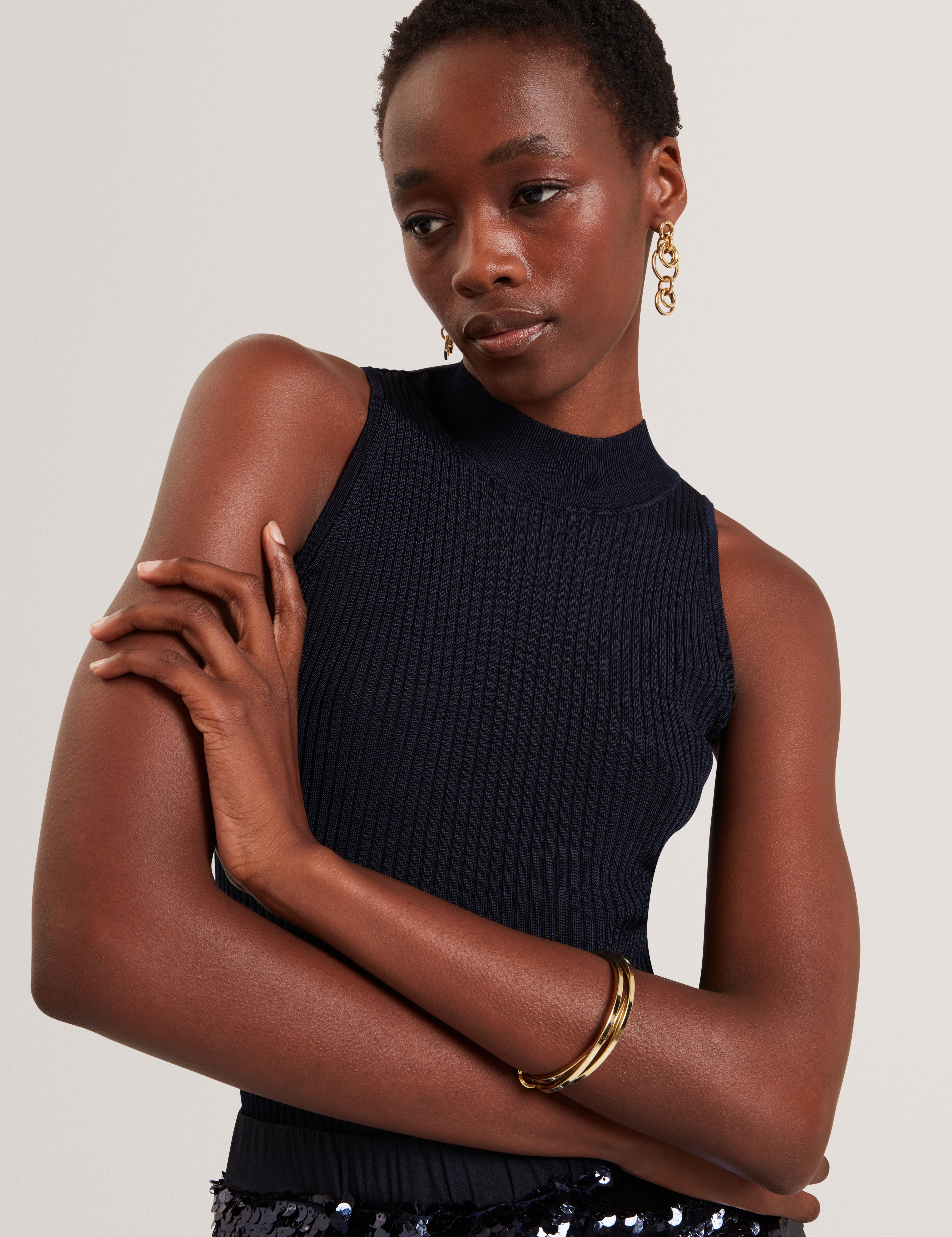 Rulza High Neck Knitted Sleeveless Top Navy