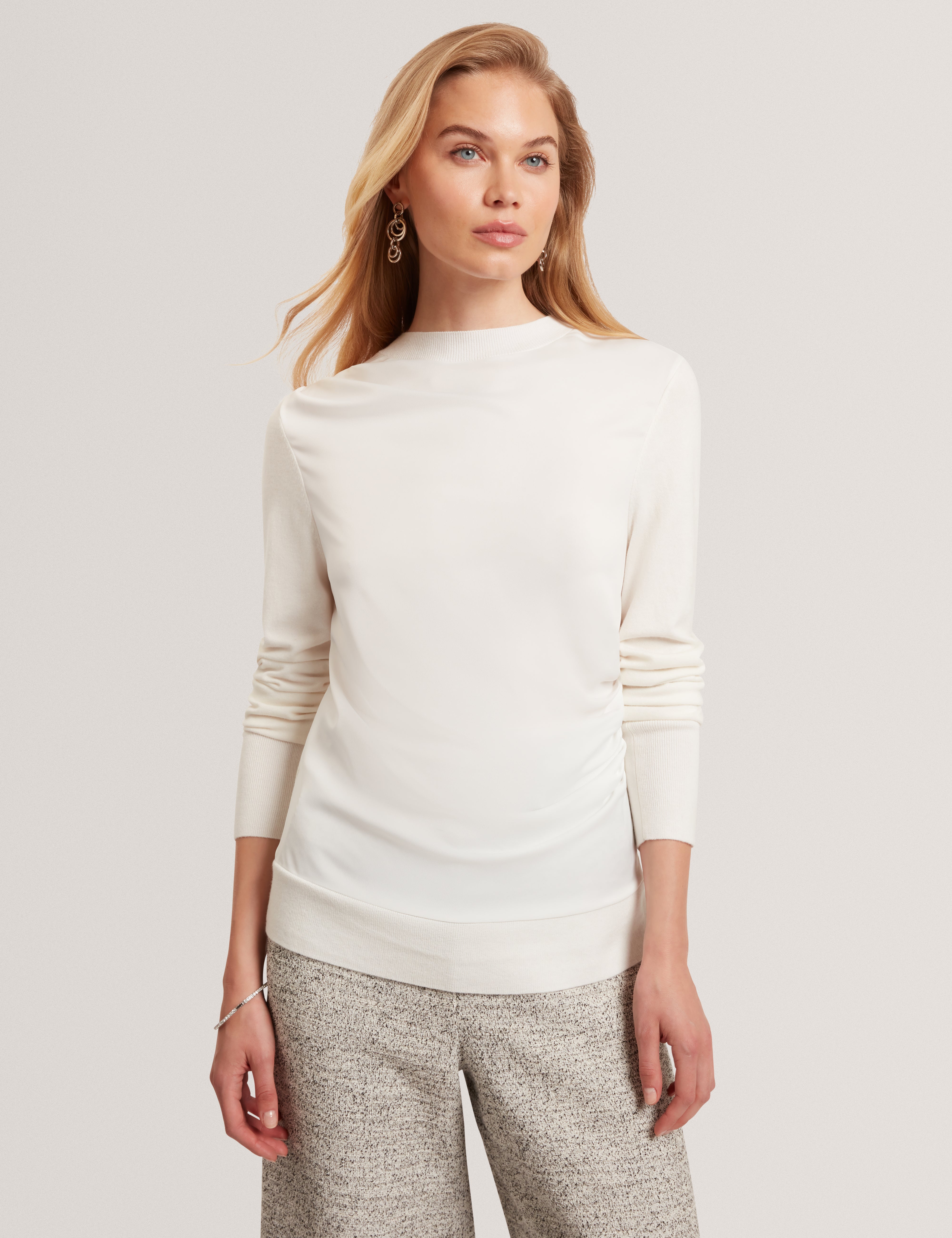 Leslay Draped Front Knitted Long Sleeve Top Ivory
