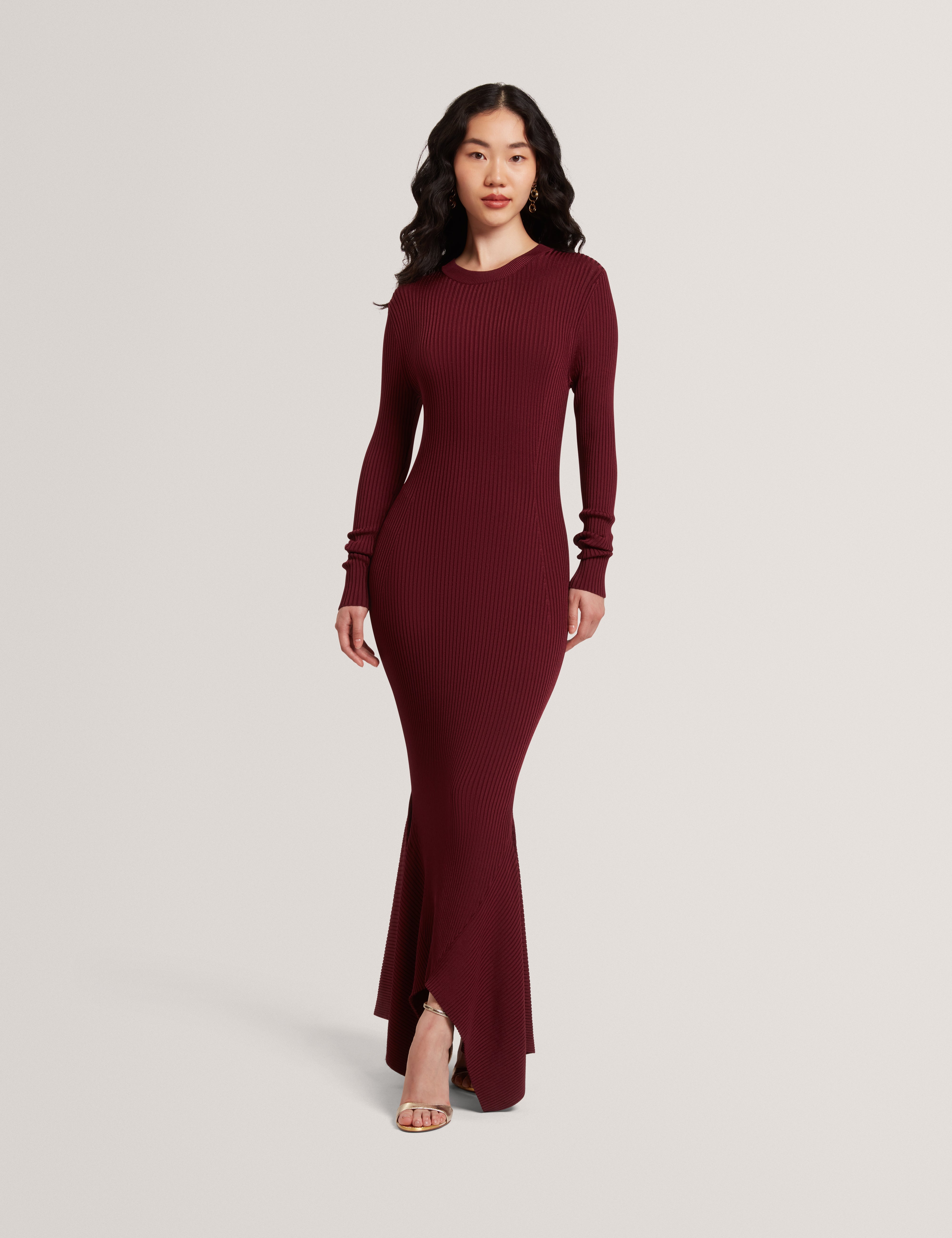 Jenings Long Sleeve Rib Knit Midi Dress Maroon