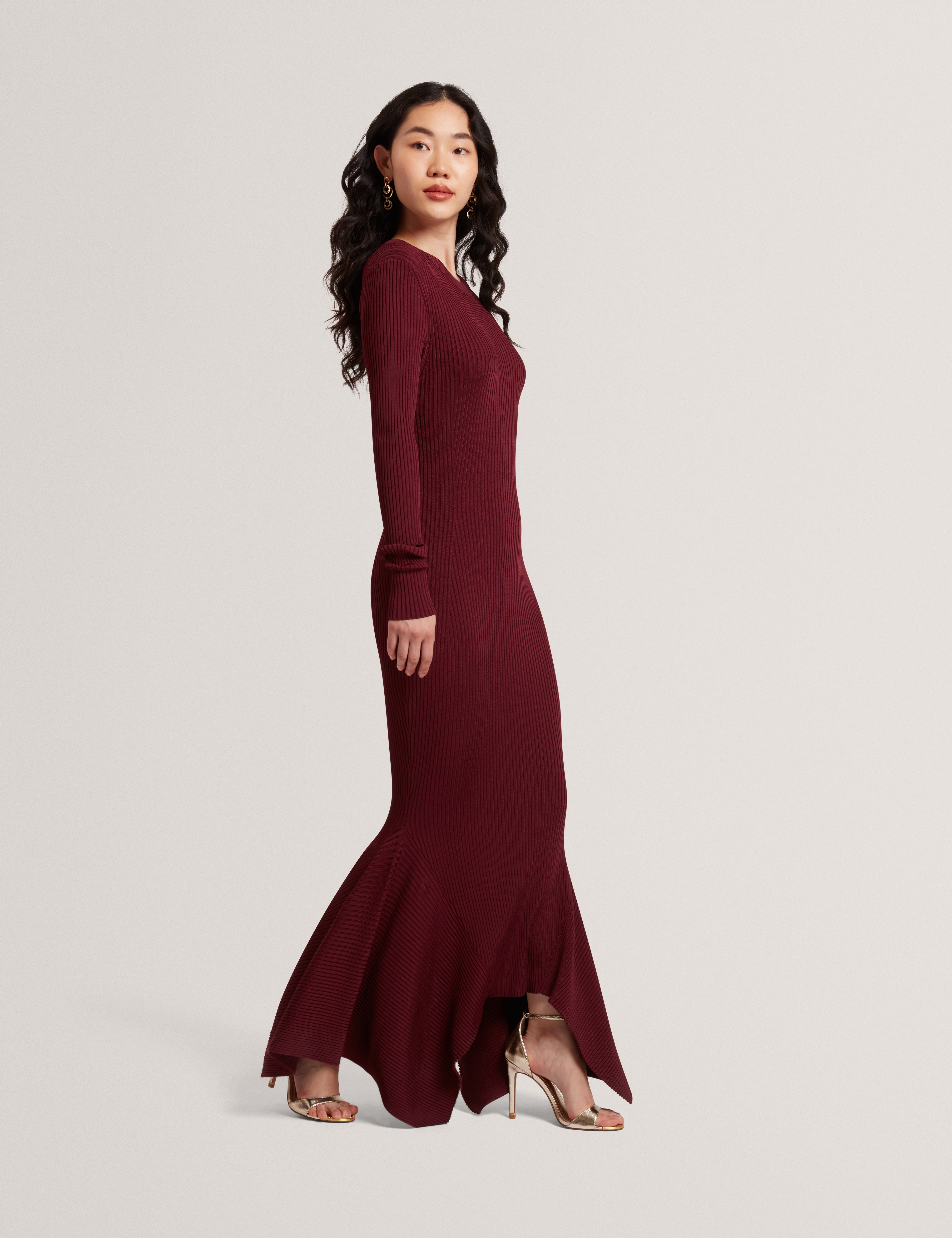 Jenings Long Sleeve Rib Knit Midi Dress Maroon