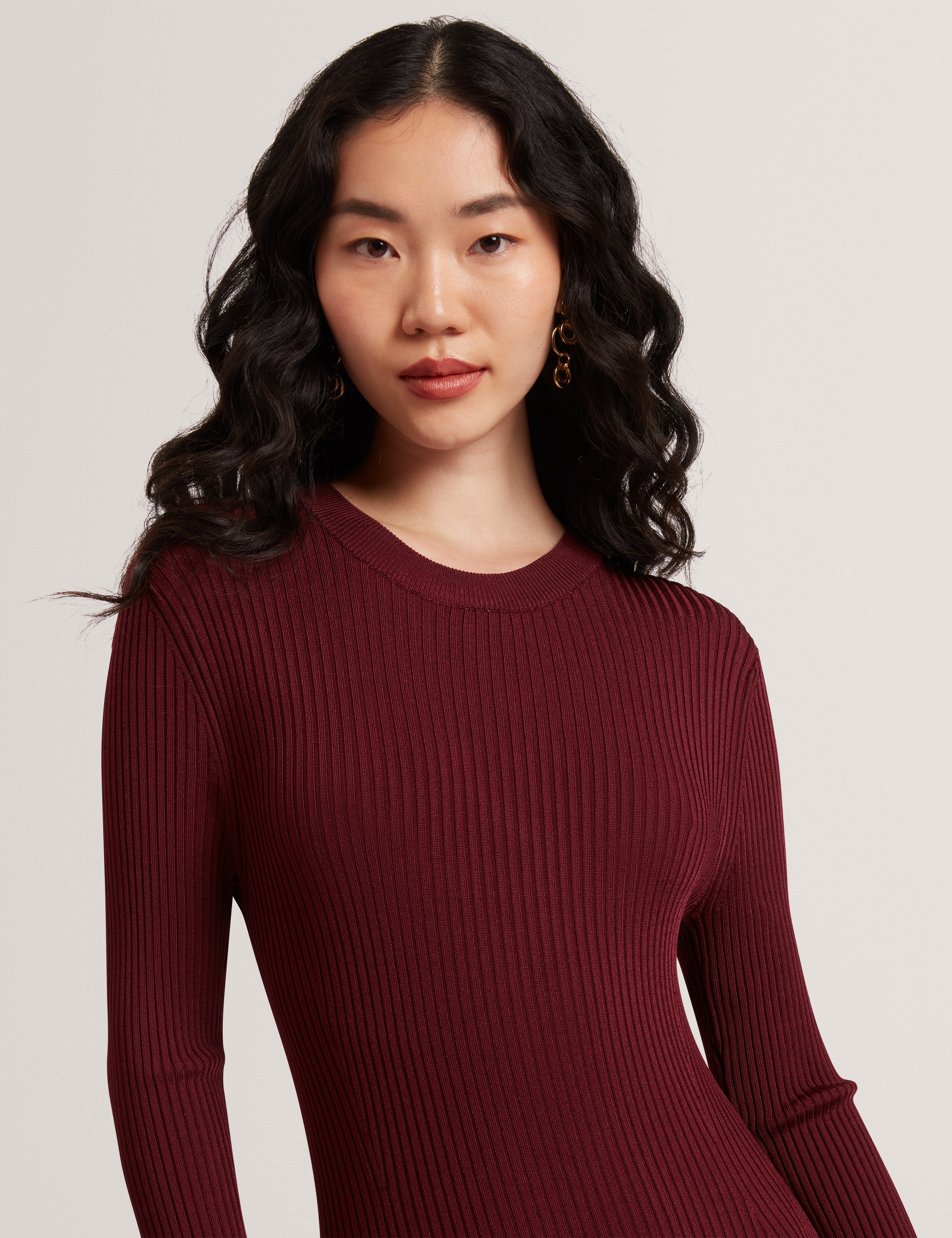 Jenings Long Sleeve Rib Knit Midi Dress Maroon