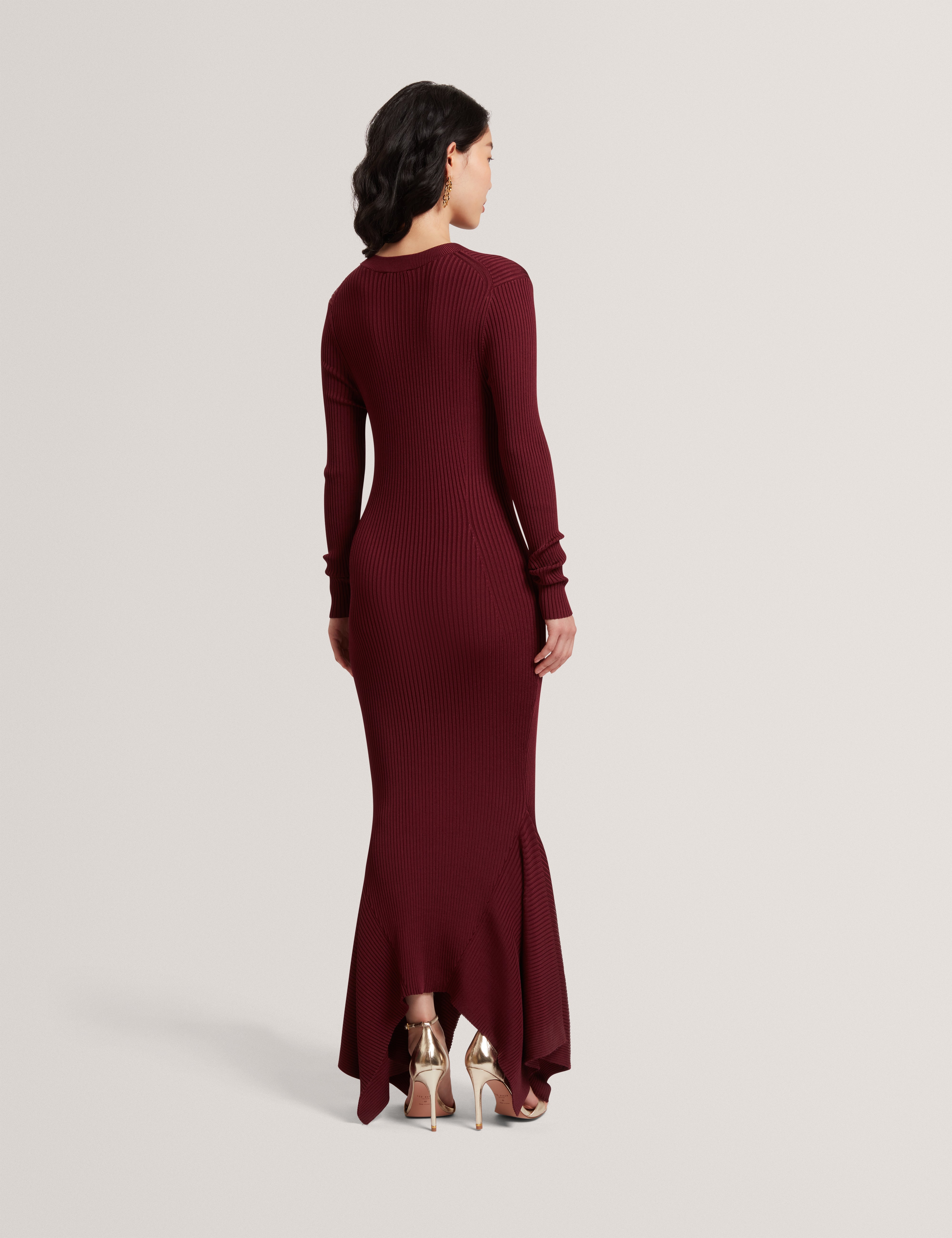 Jenings Long Sleeve Rib Knit Midi Dress Maroon