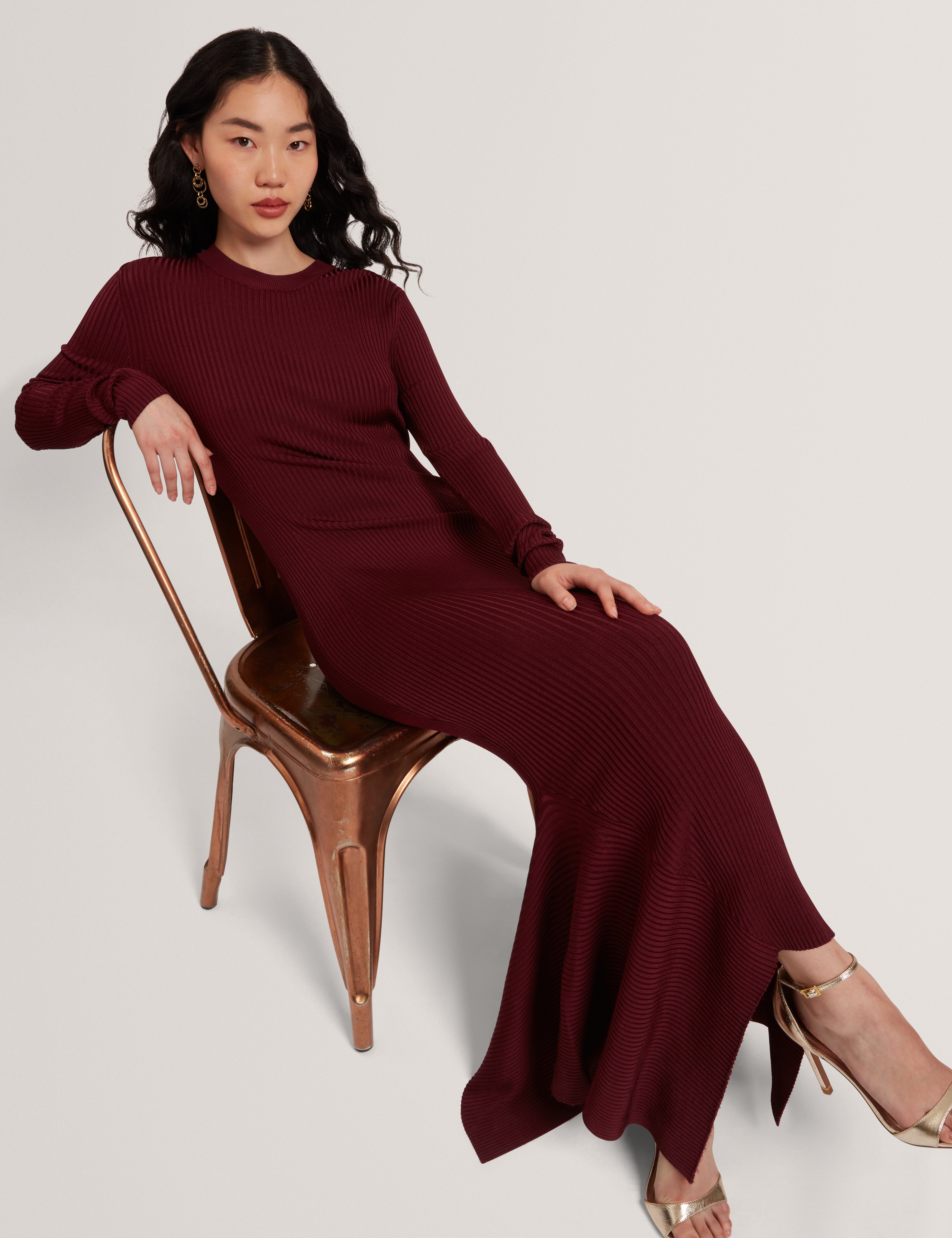 Jenings Long Sleeve Rib Knit Midi Dress Maroon