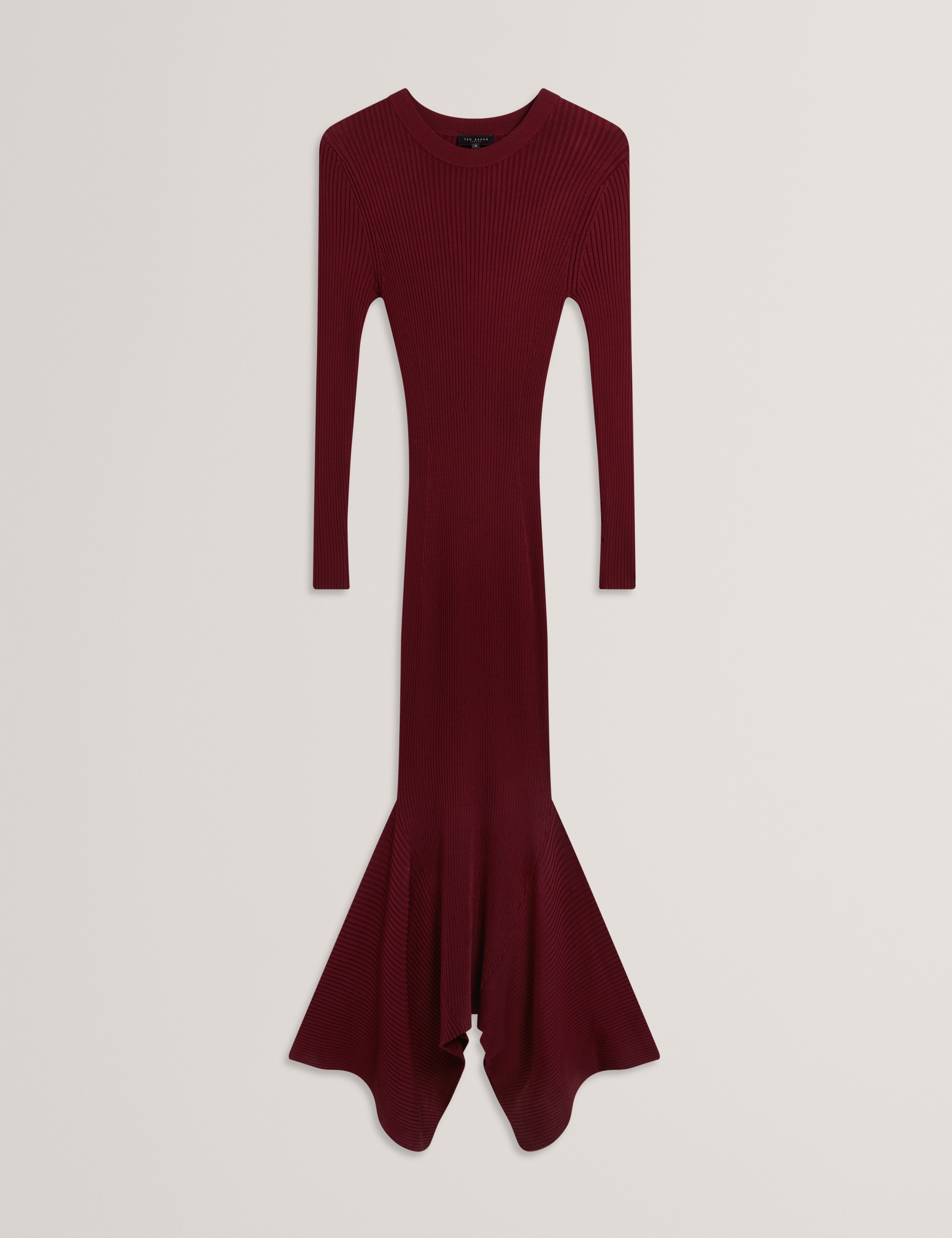 Jenings Long Sleeve Rib Knit Midi Dress Maroon