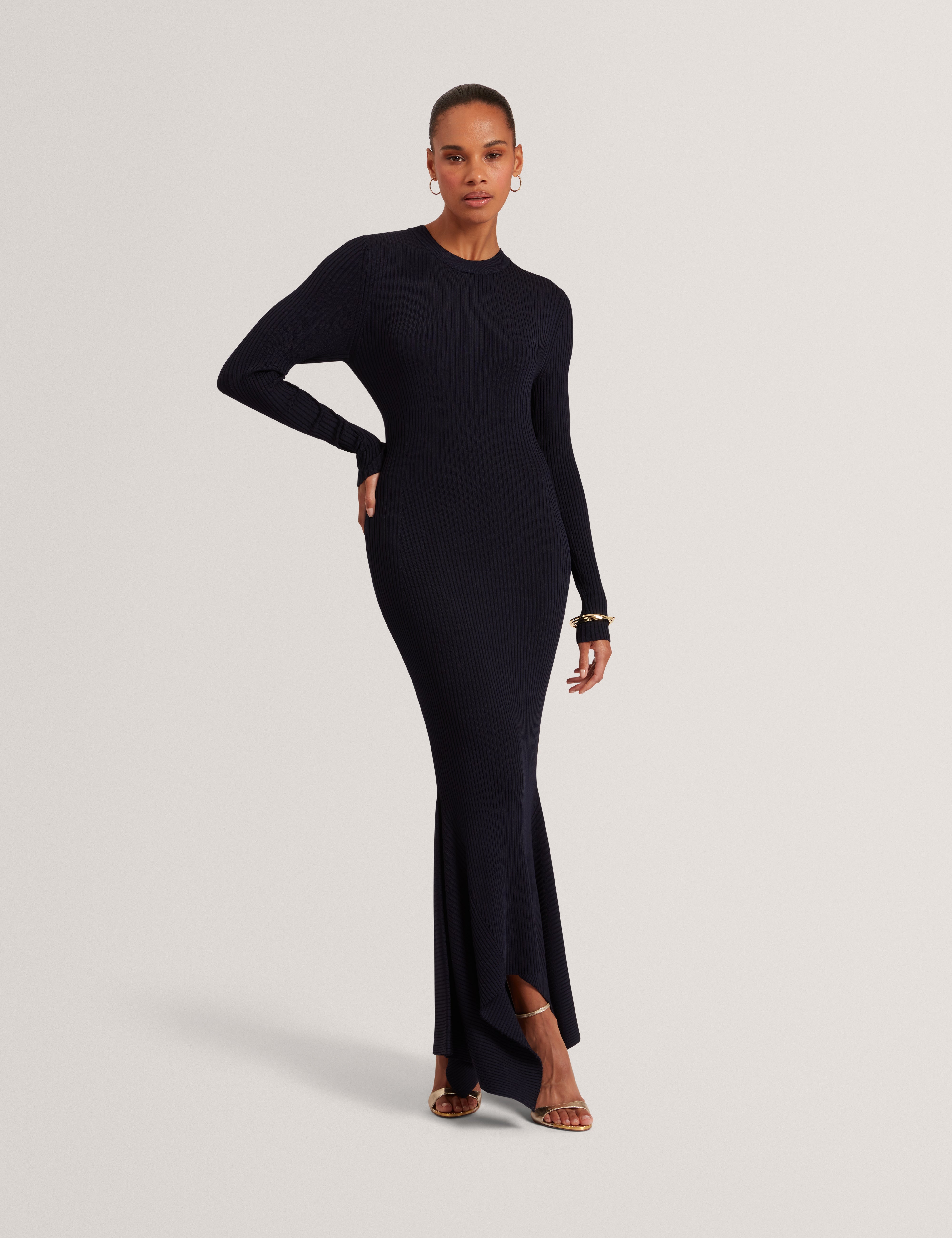 Jenings Long Sleeve Rib Knit Midi Dress Navy