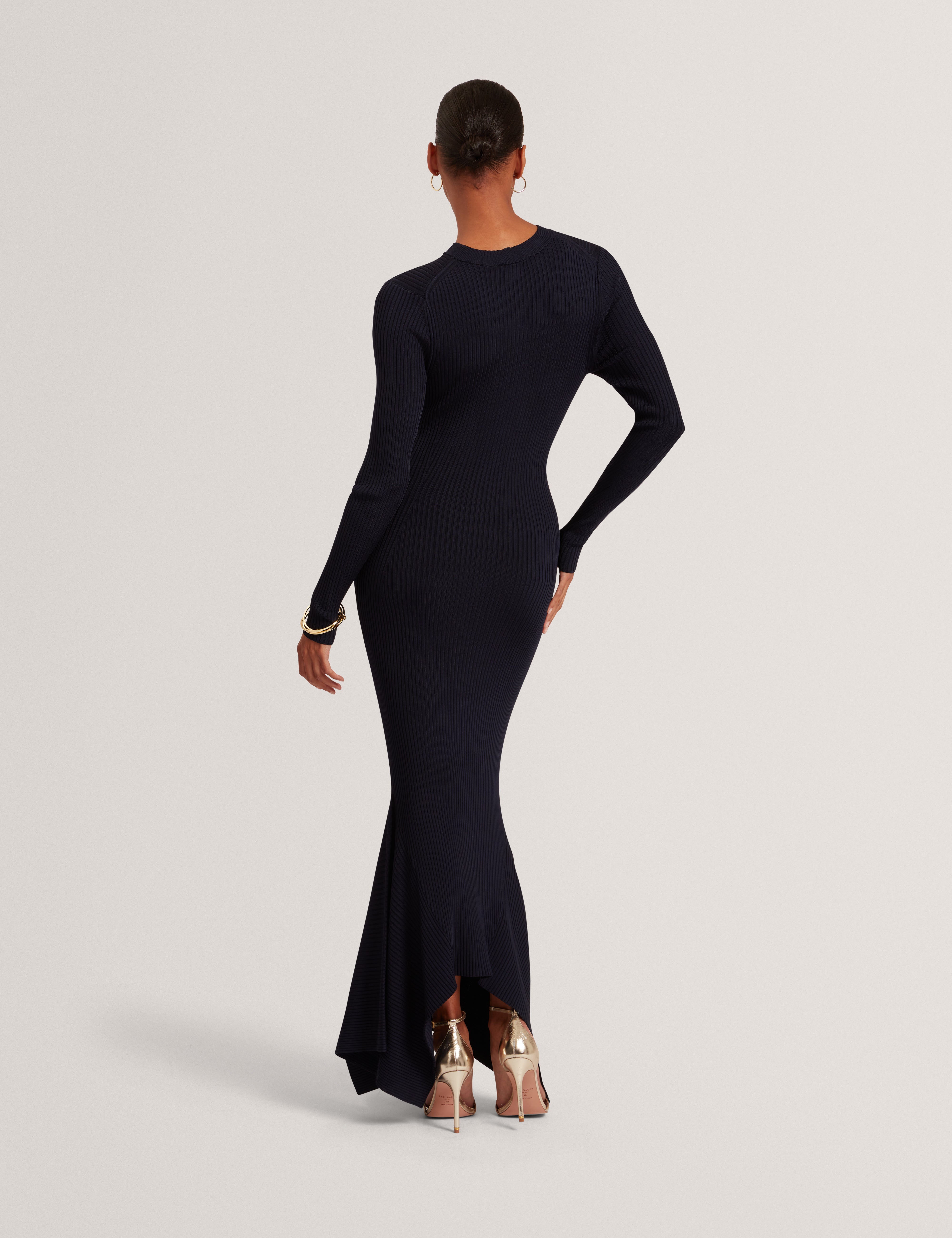 Jenings Long Sleeve Rib Knit Midi Dress Navy