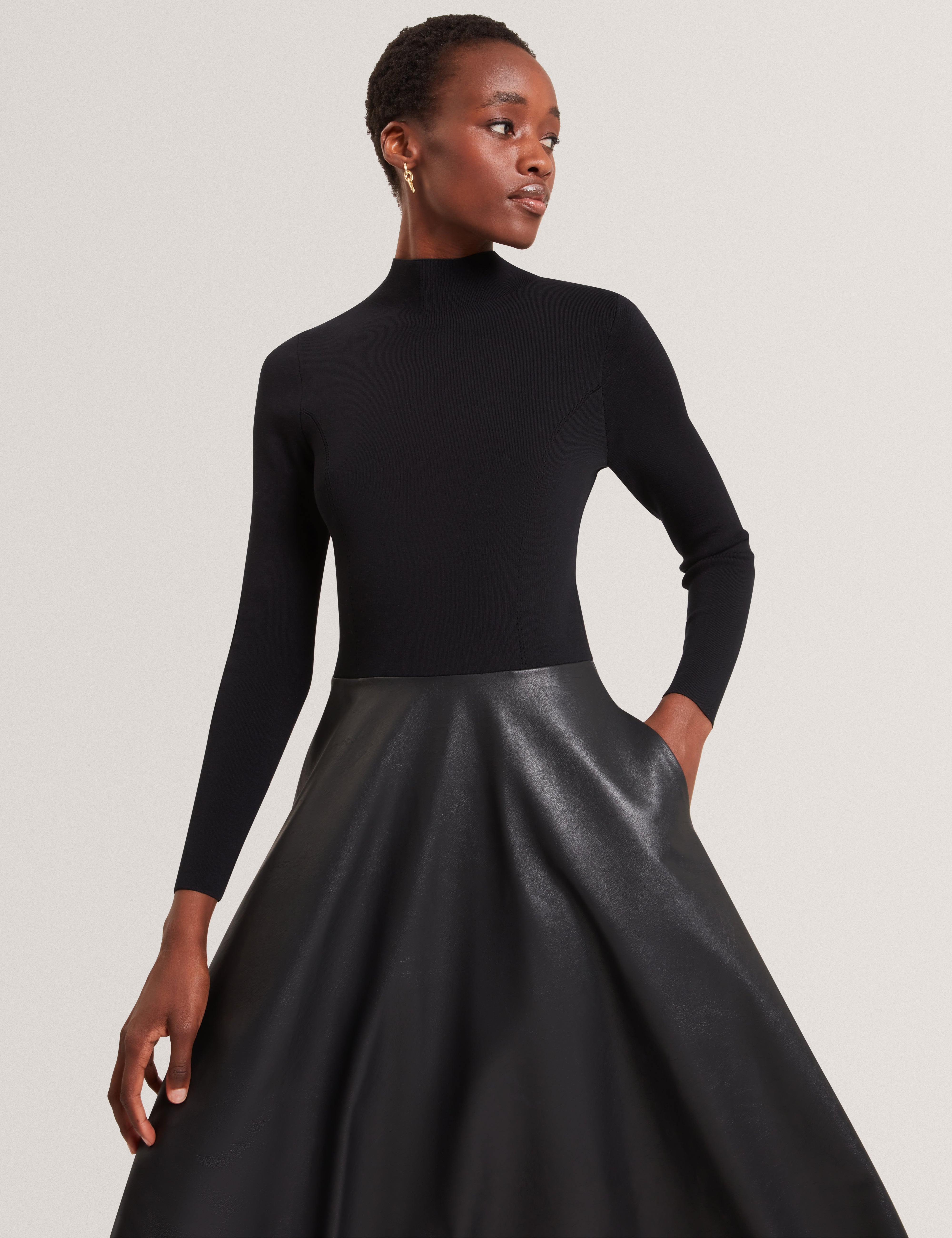 Noviva Midi Dress With Faux Leather Skirt Black