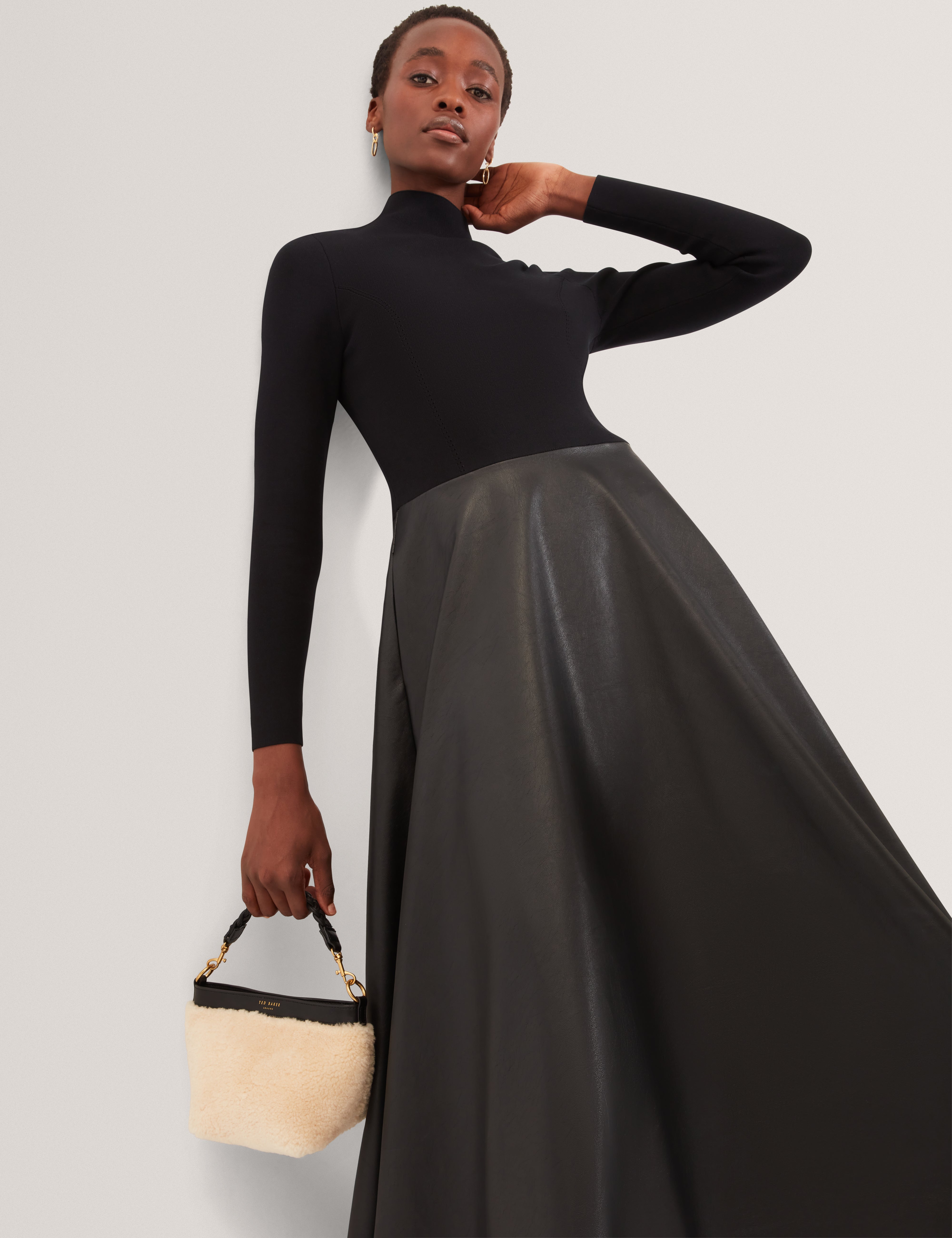 Noviva Midi Dress With Faux Leather Skirt Black