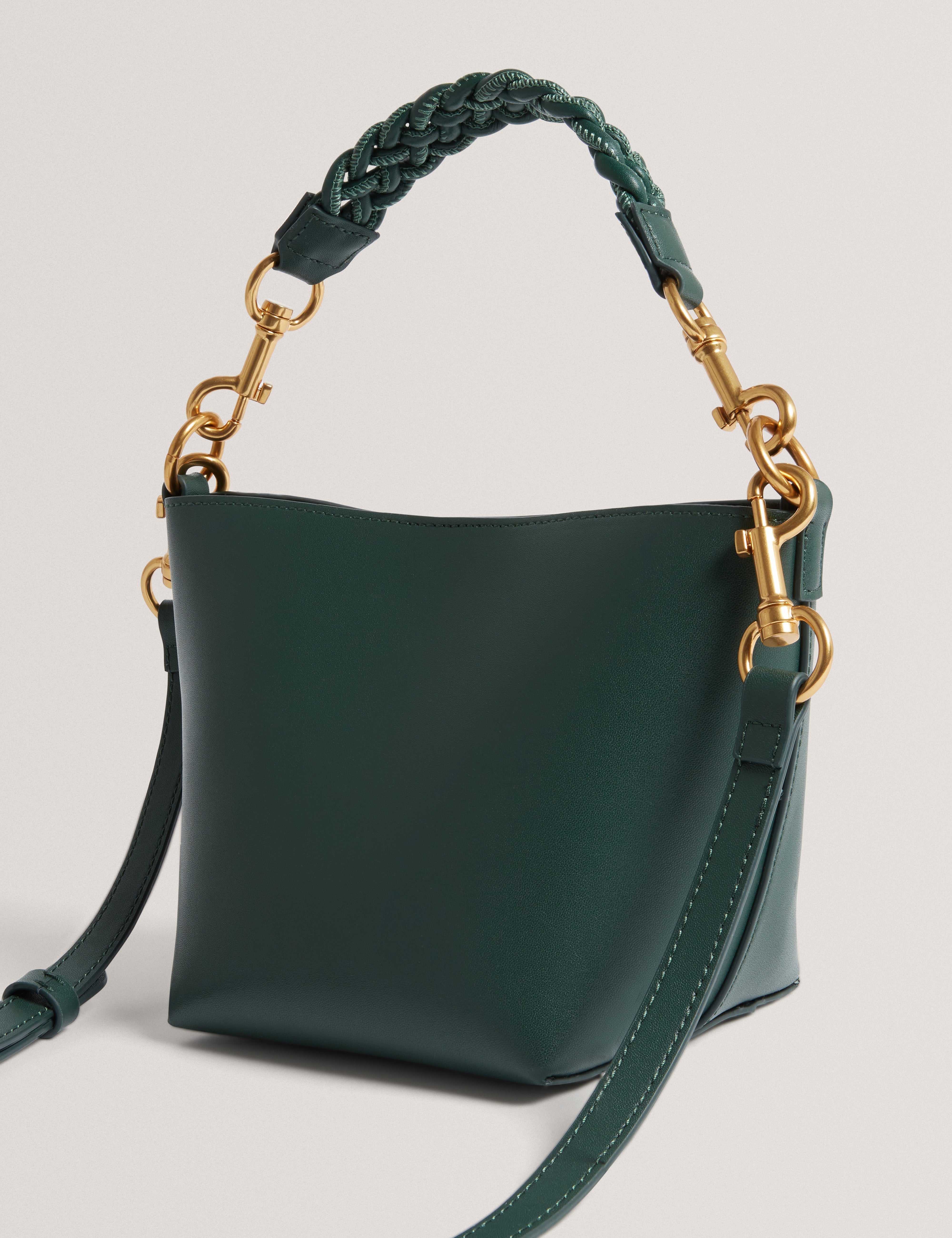 Wavely Weave Handle Leather Small Bucket Bag Green