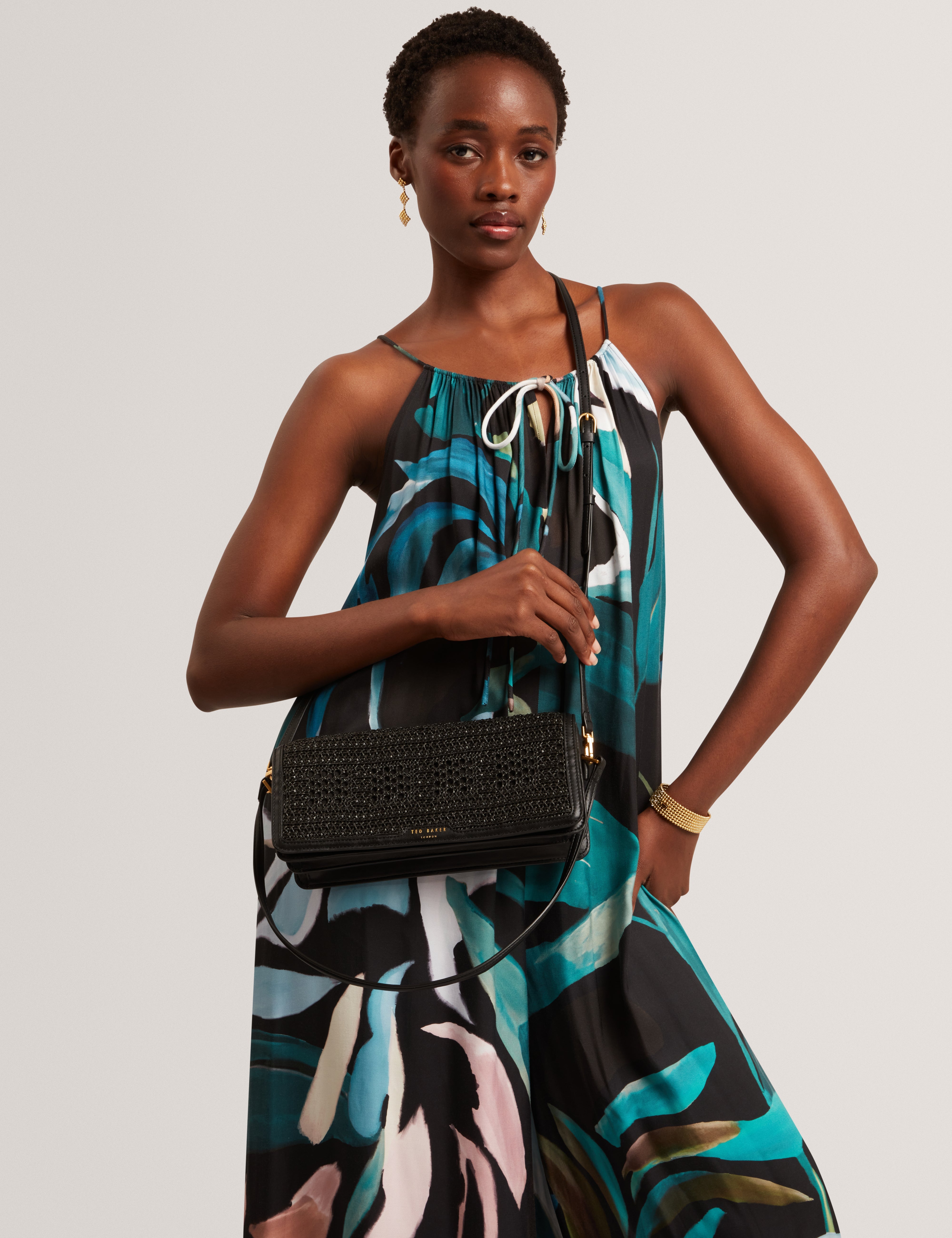 Pettria Raffia Straw Elongated Shoulder Bag Black