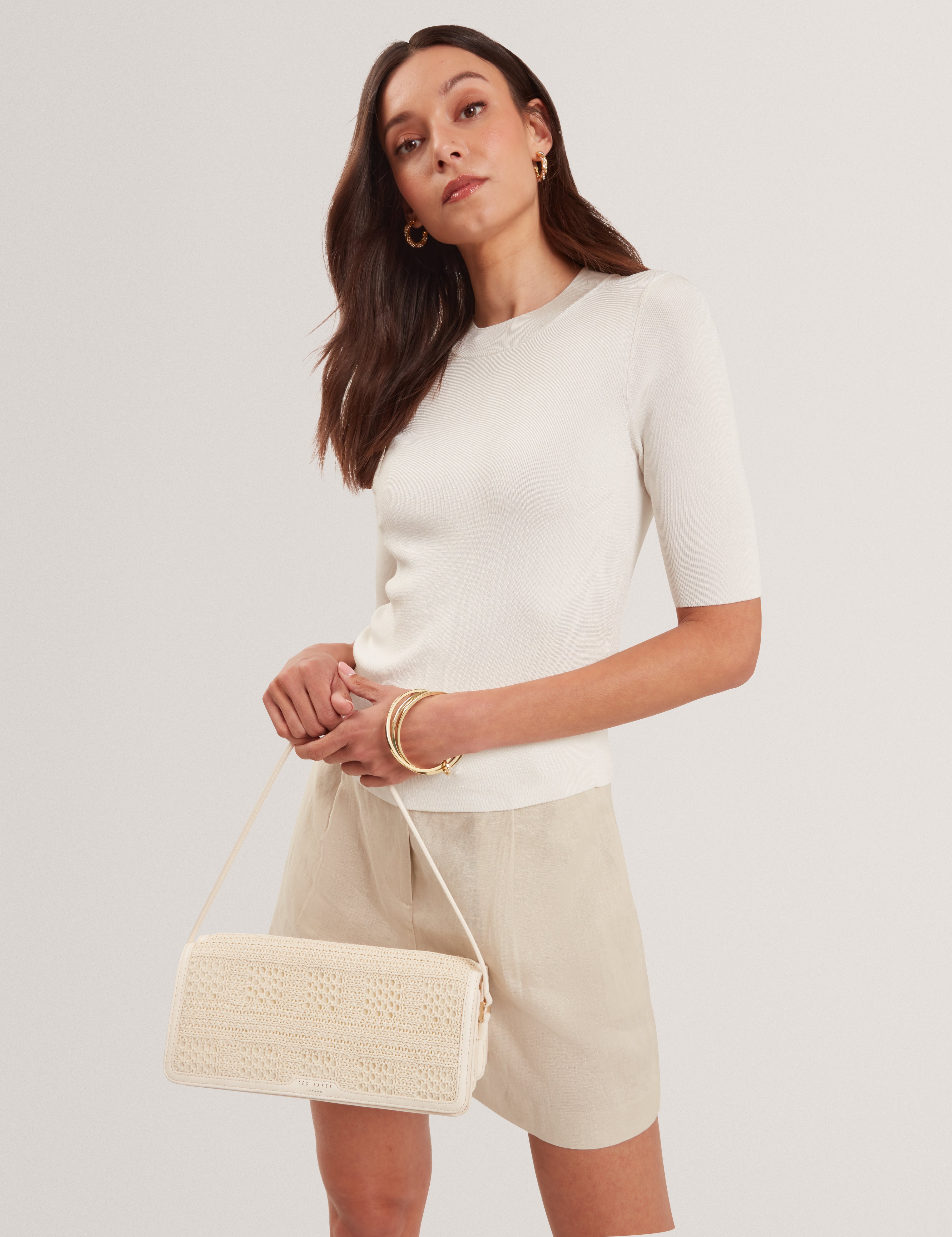 Pettria Raffia Straw Elongated Shoulder Bag Ivory