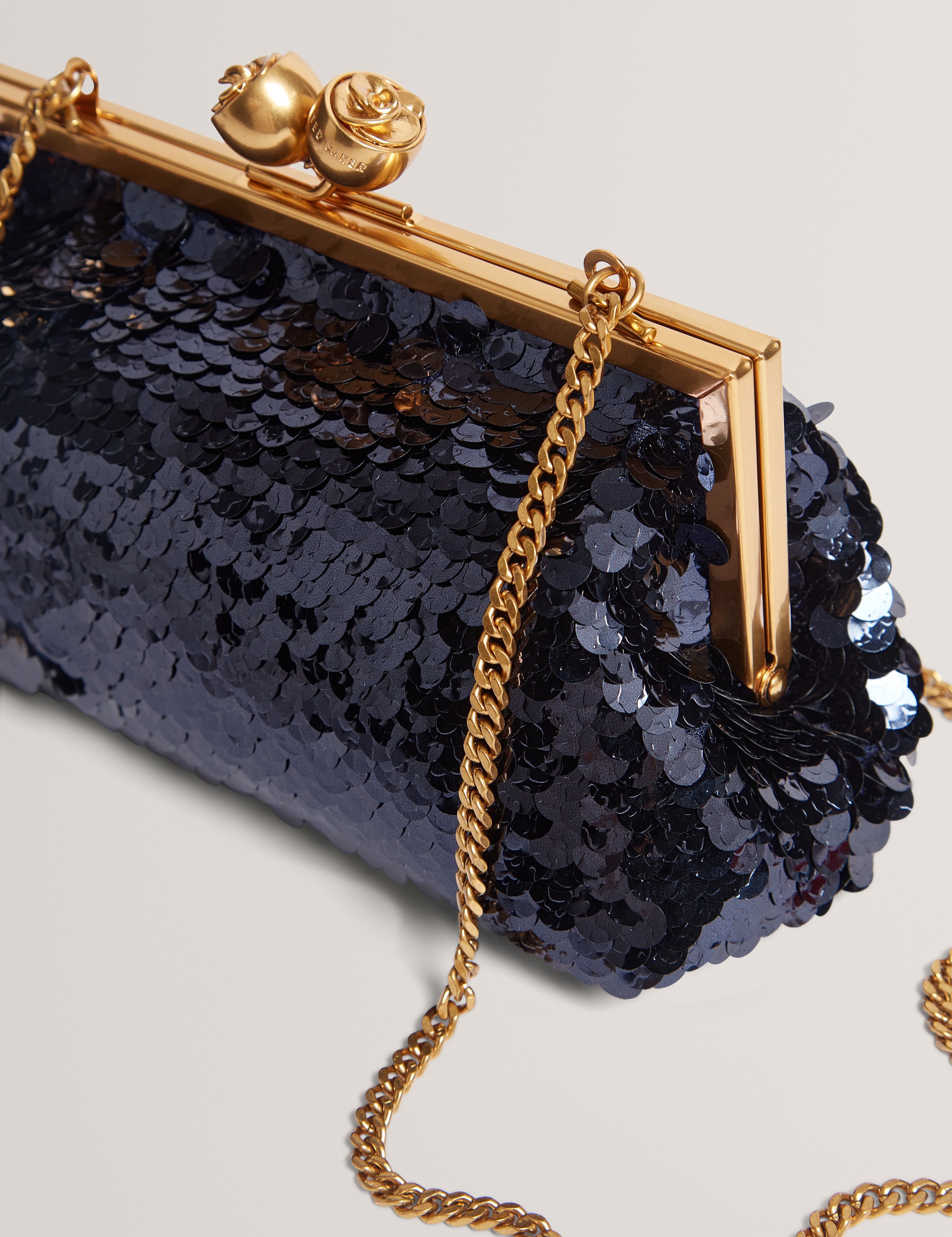 Sequinz Rose Detail Sequin Clutch Bag Navy