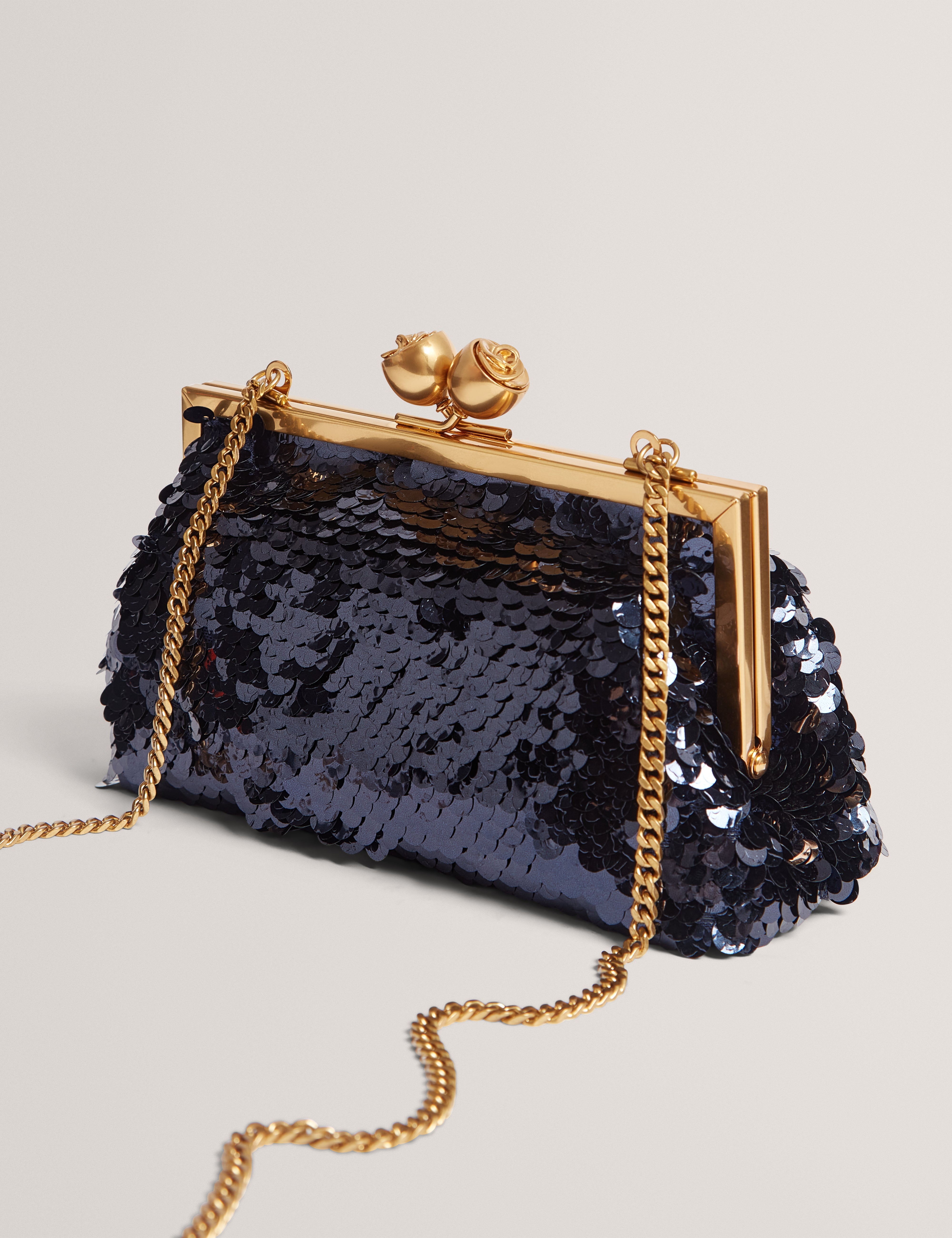 Sequinz Rose Detail Sequin Clutch Bag Navy