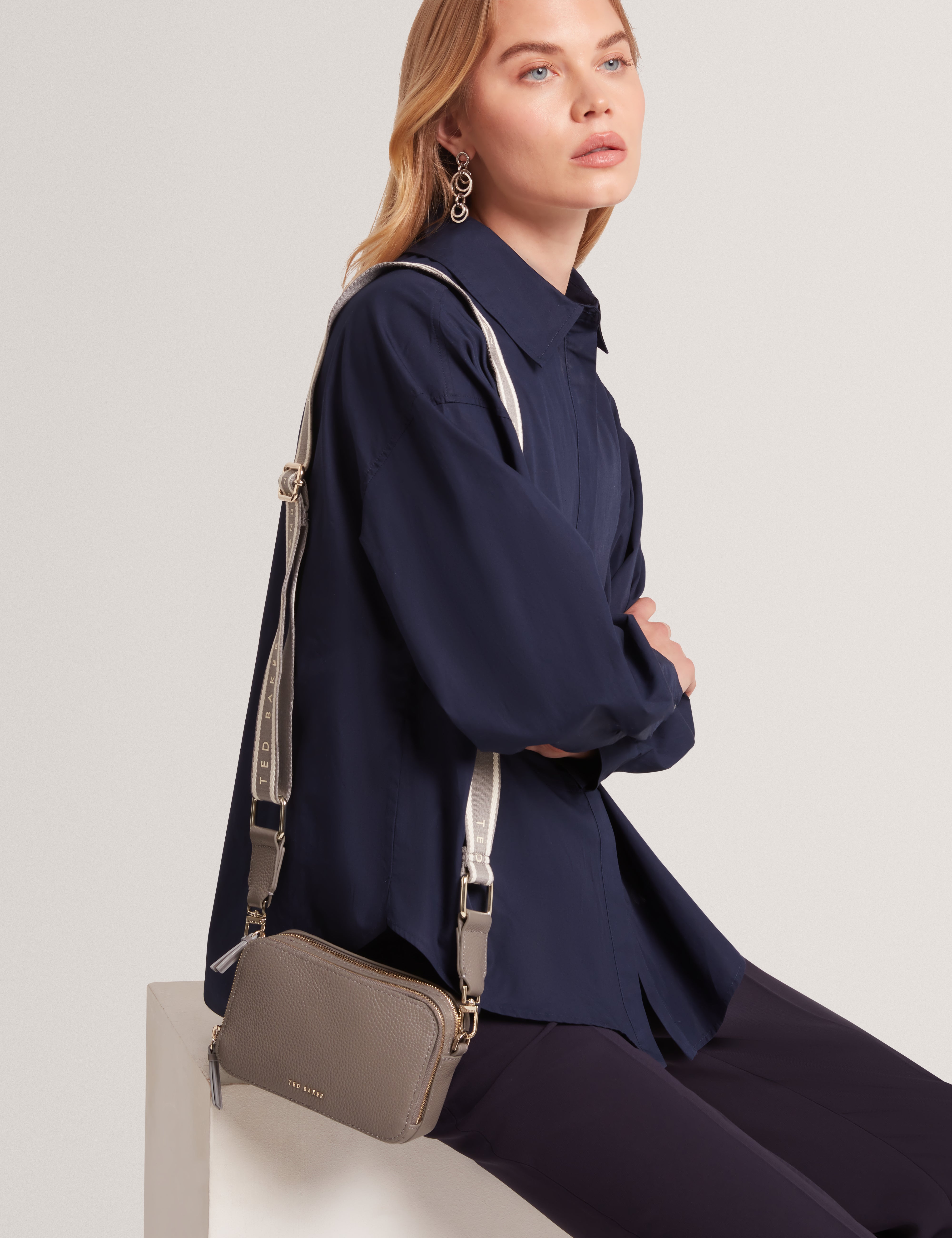 Linzie Webbing Leather Small Crossbody Camera B Taupe
