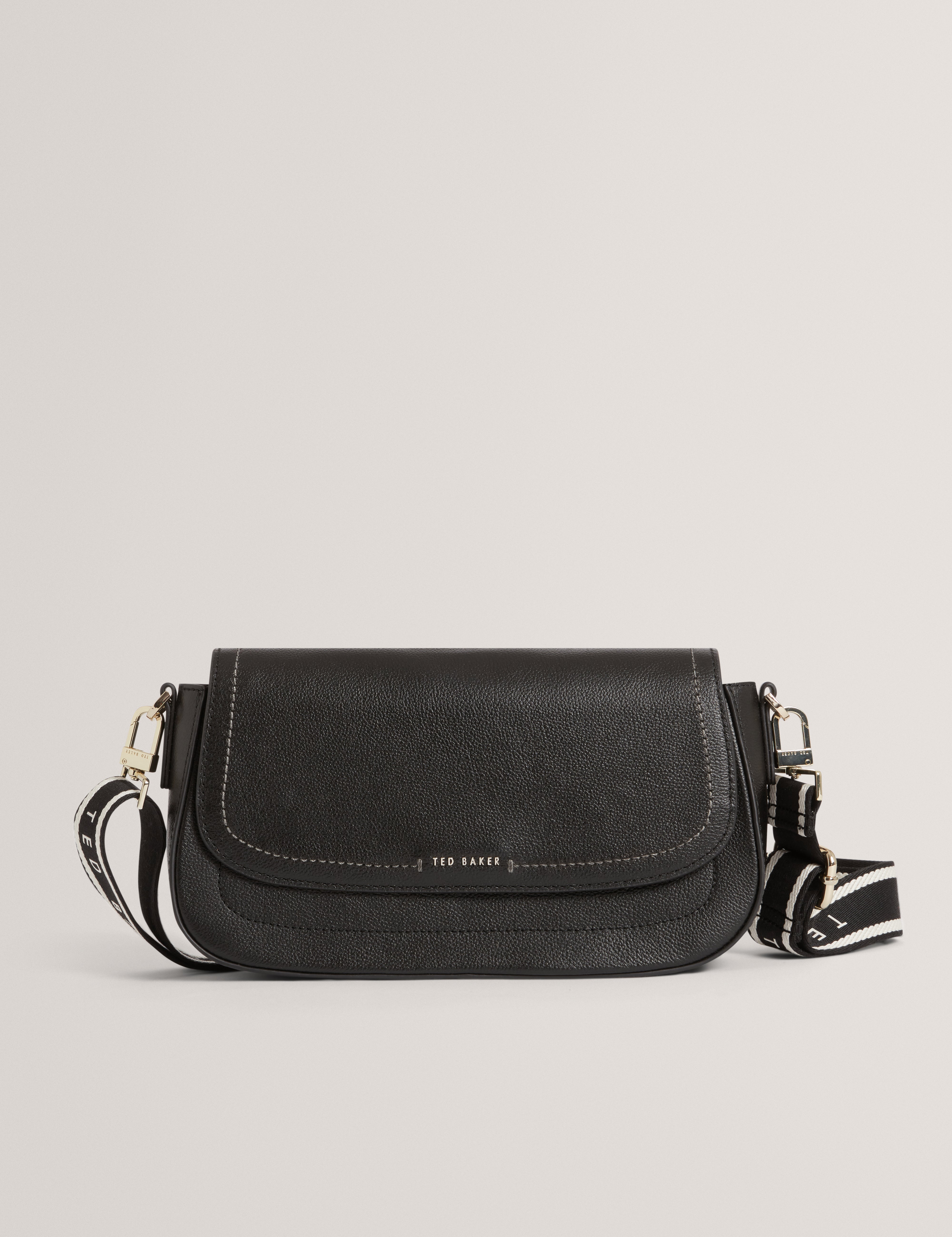 Louiize Webbing Leather Flapover Crossbody Bag Black