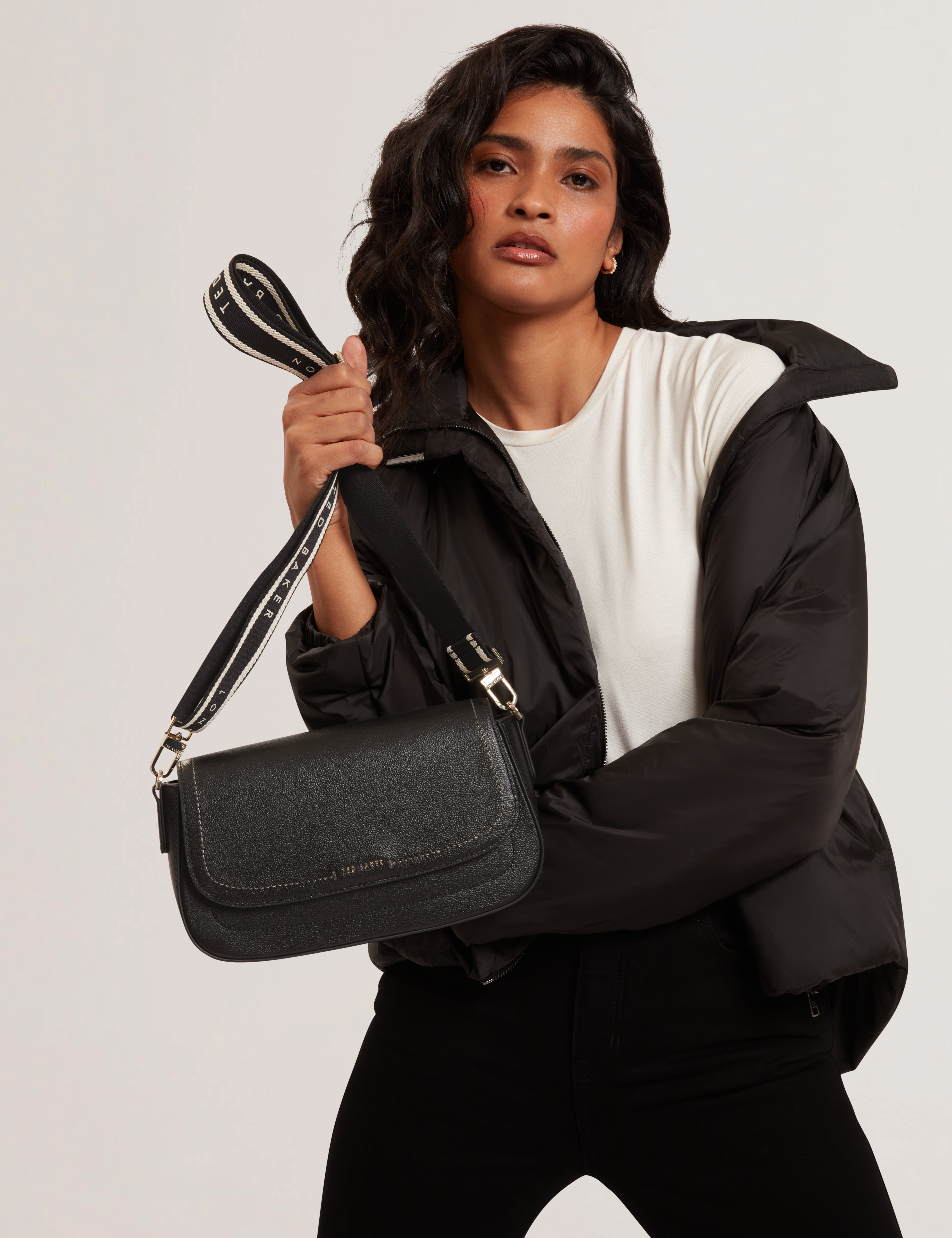 Louiize Webbing Leather Flapover Crossbody Bag Black