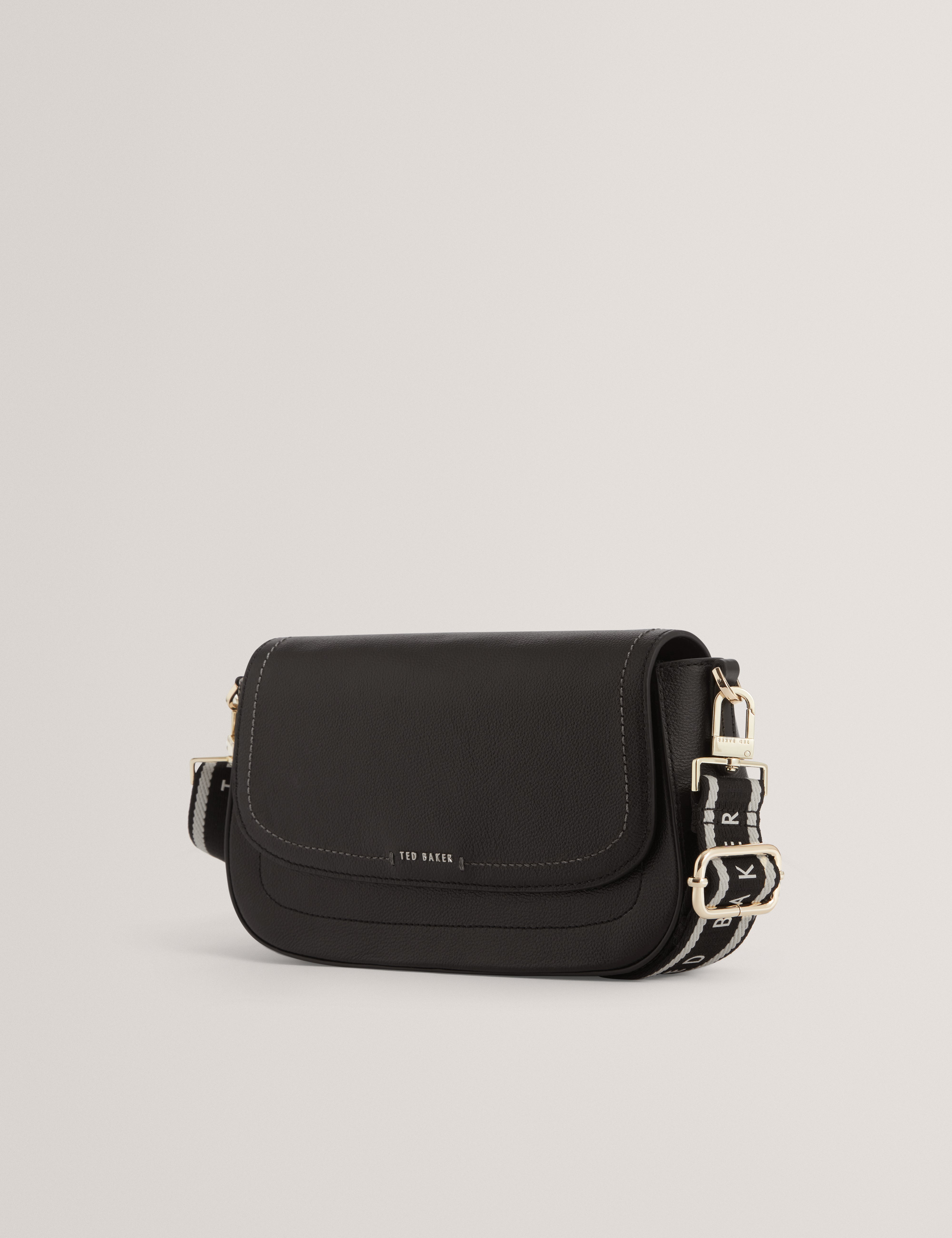 Louiize Webbing Leather Flapover Crossbody Bag Black