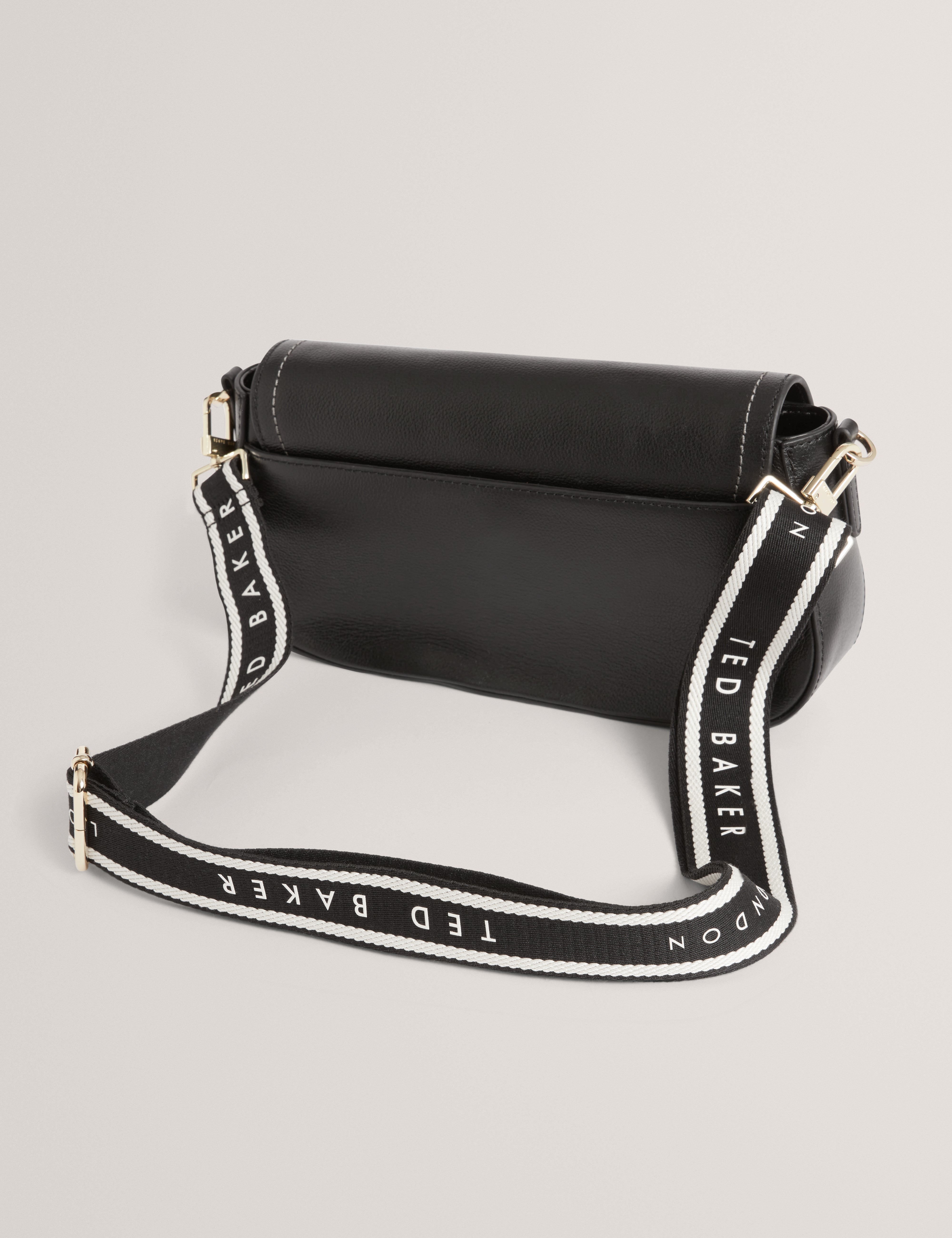 Louiize Webbing Leather Flapover Crossbody Bag Black