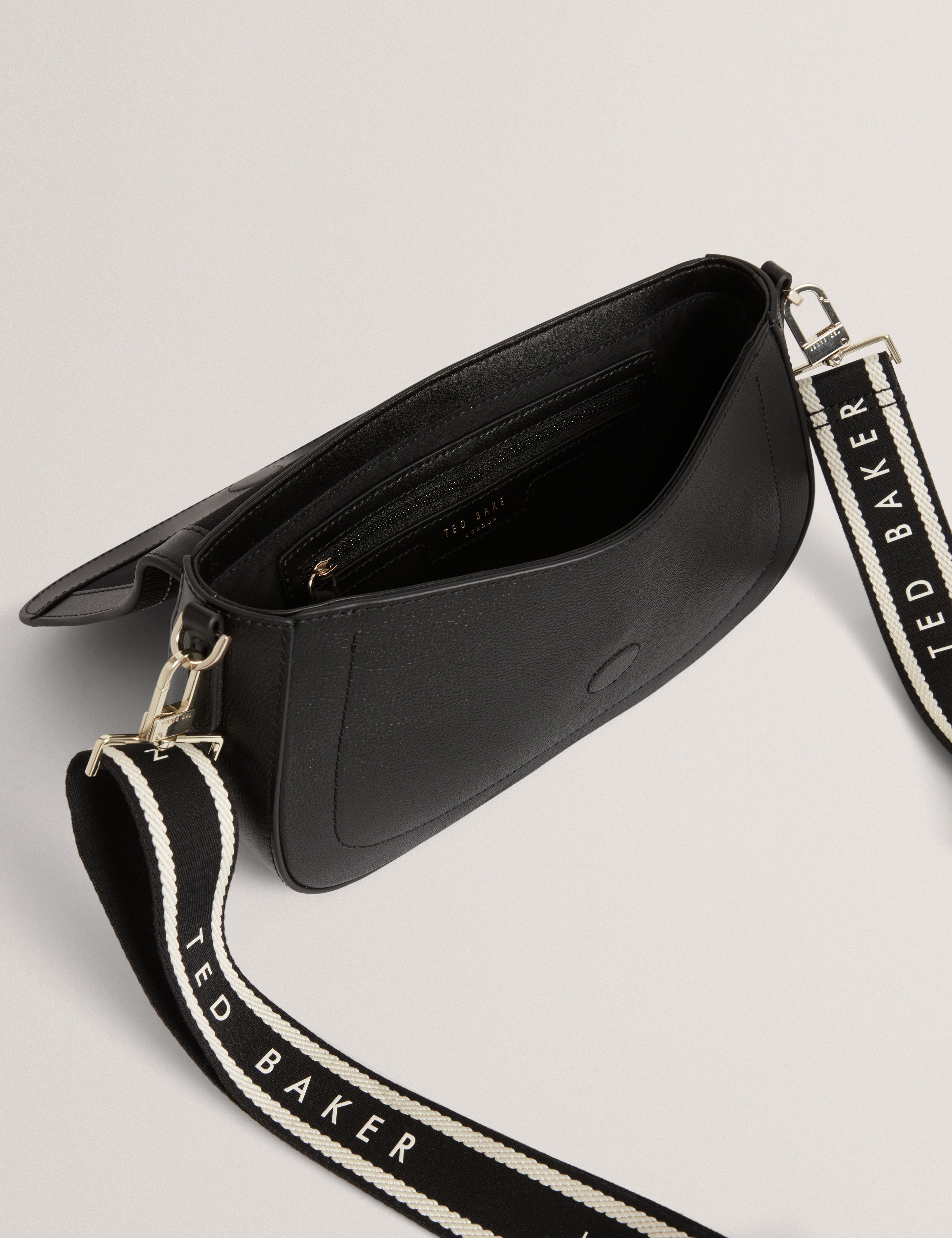 Louiize Webbing Leather Flapover Crossbody Bag Black