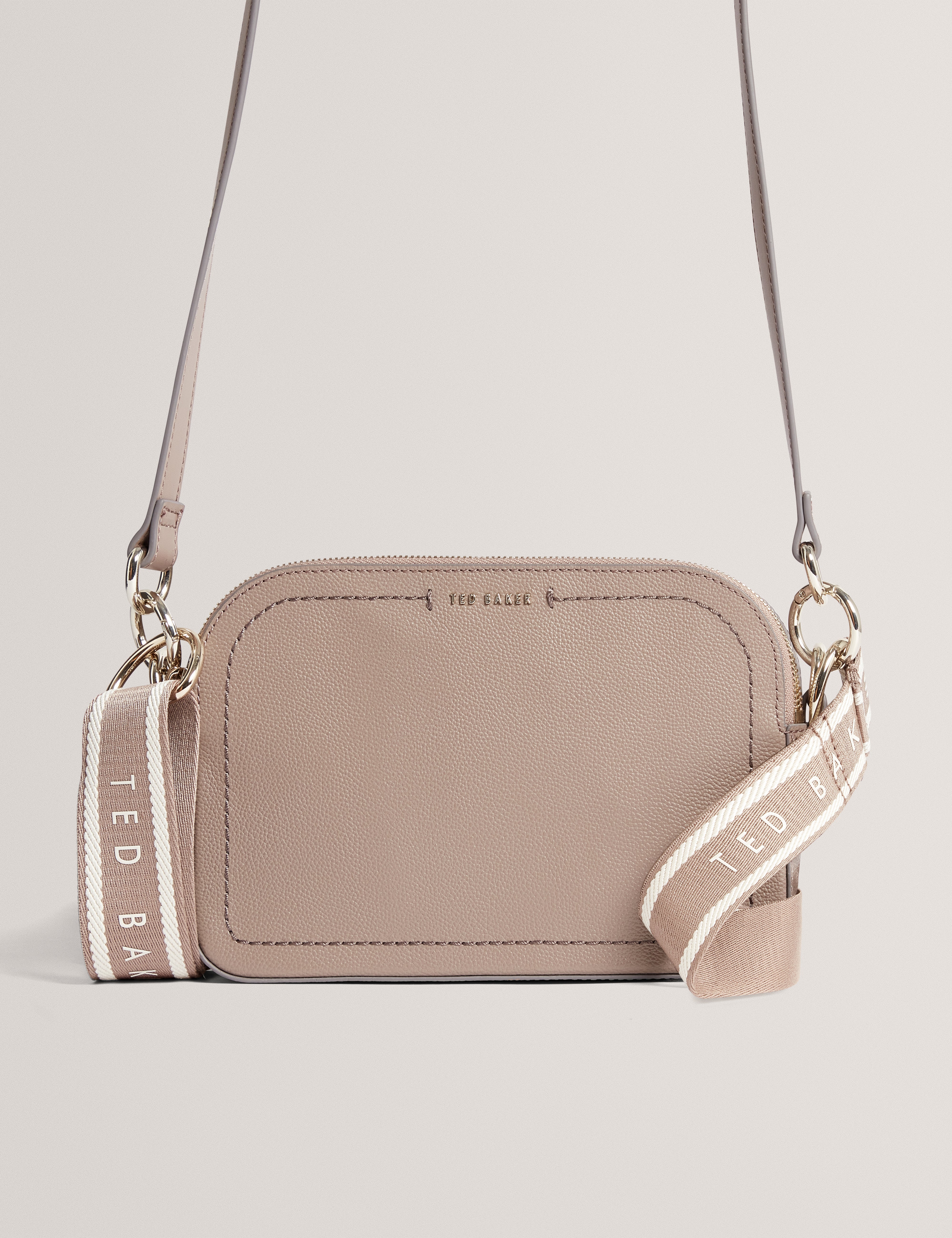 Louiize Webbing Leather Flapover Crossbody Bag Taupe