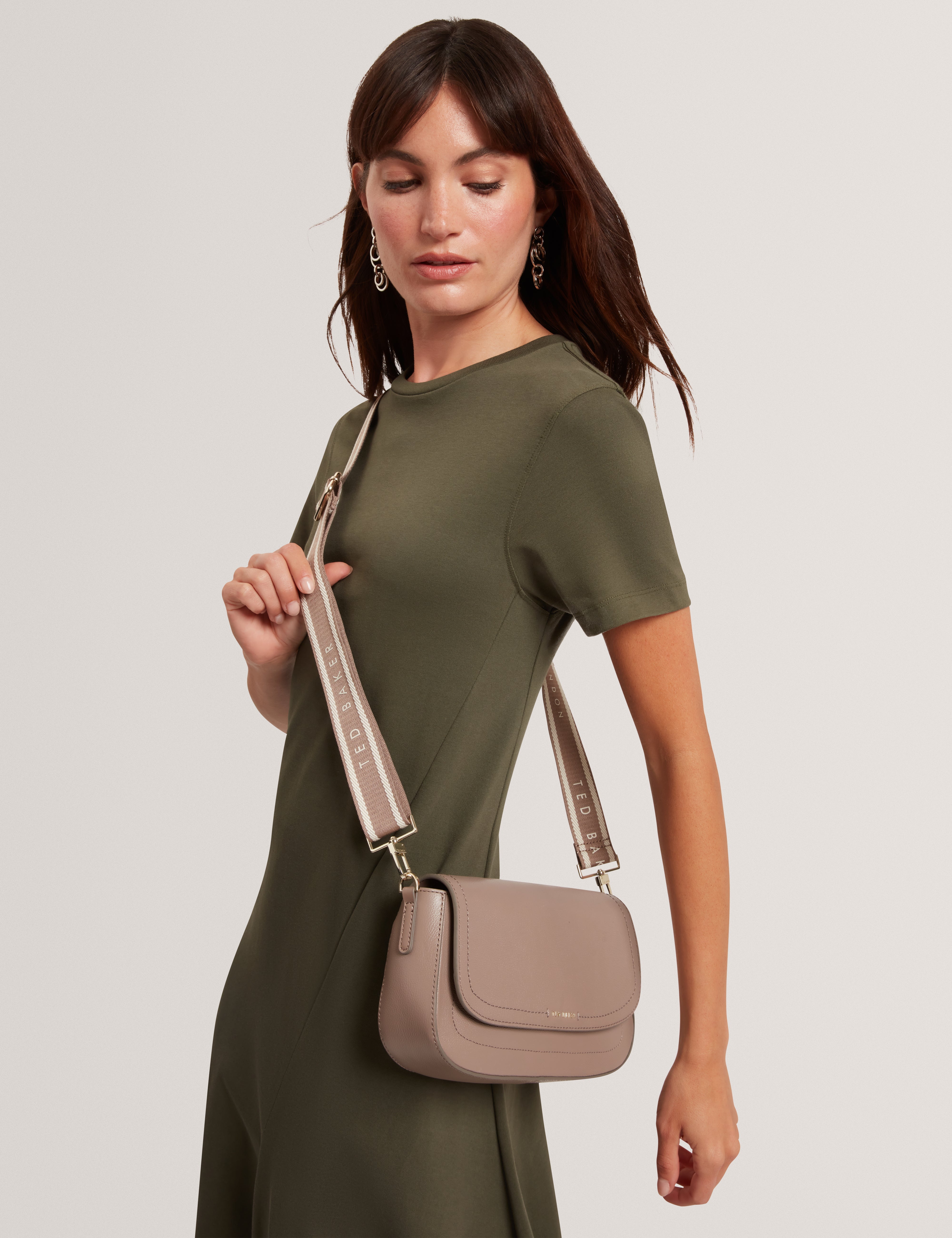 Louiize Webbing Leather Flapover Crossbody Bag Taupe