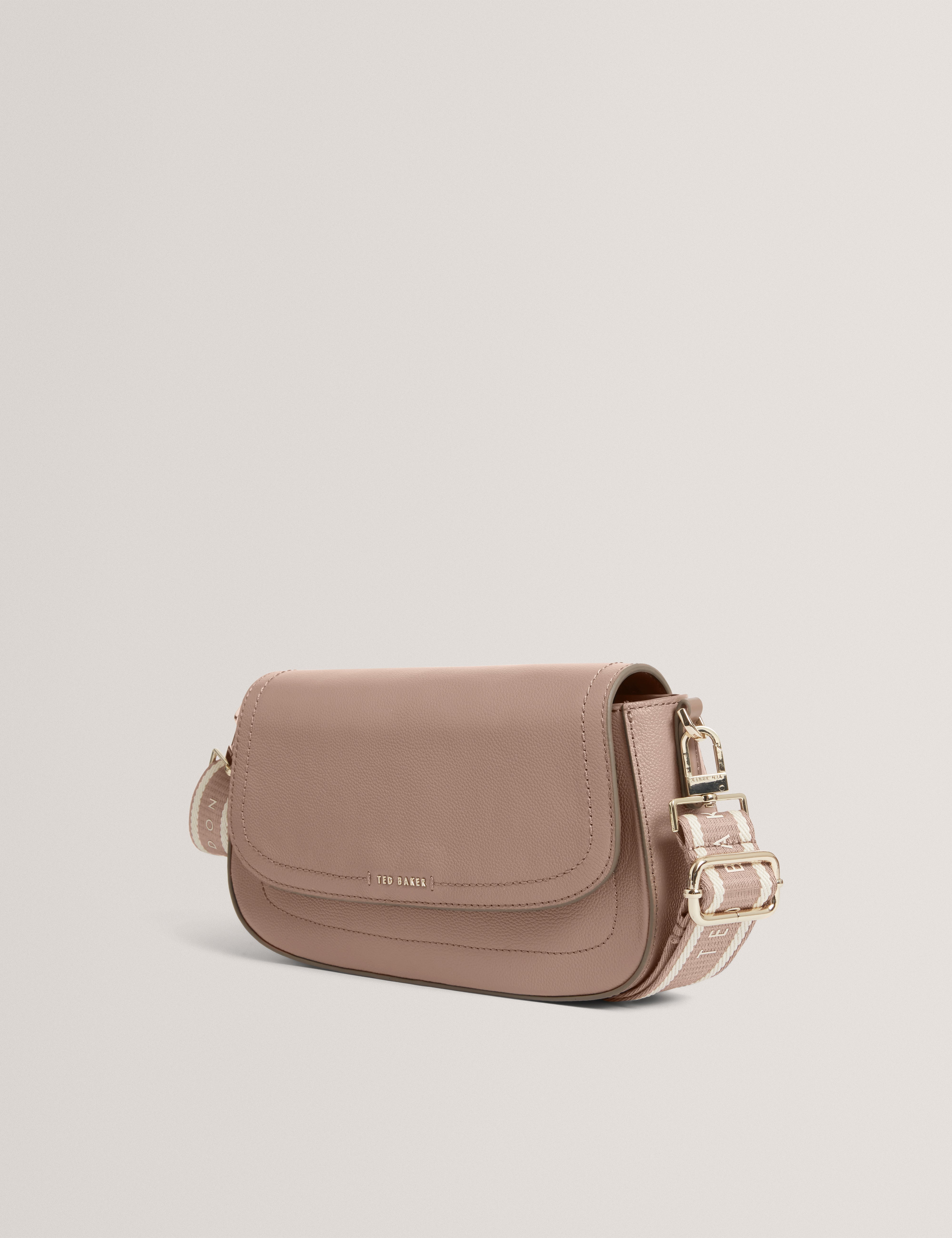 Louiize Webbing Leather Flapover Crossbody Bag Taupe