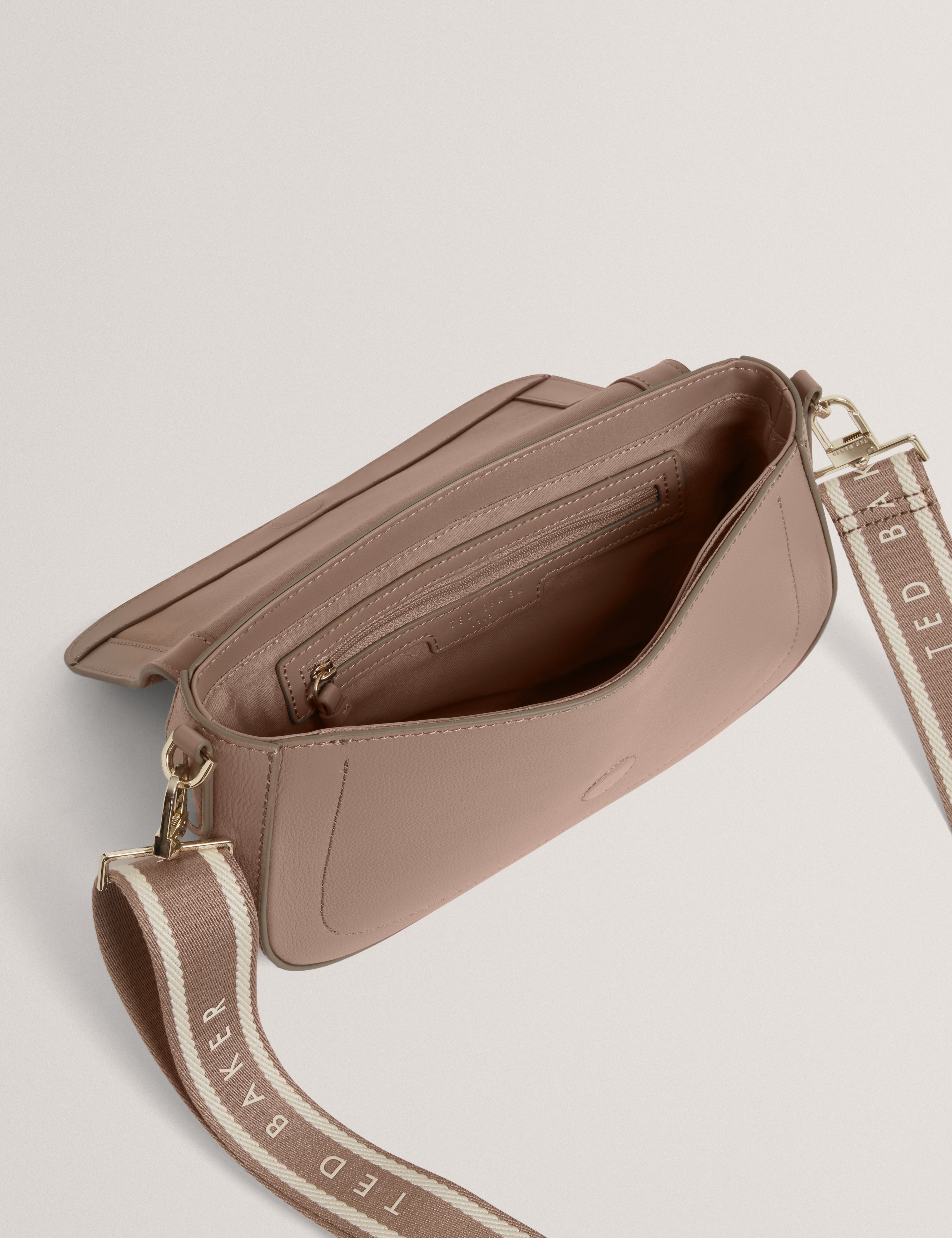 Louiize Webbing Leather Flapover Crossbody Bag Taupe