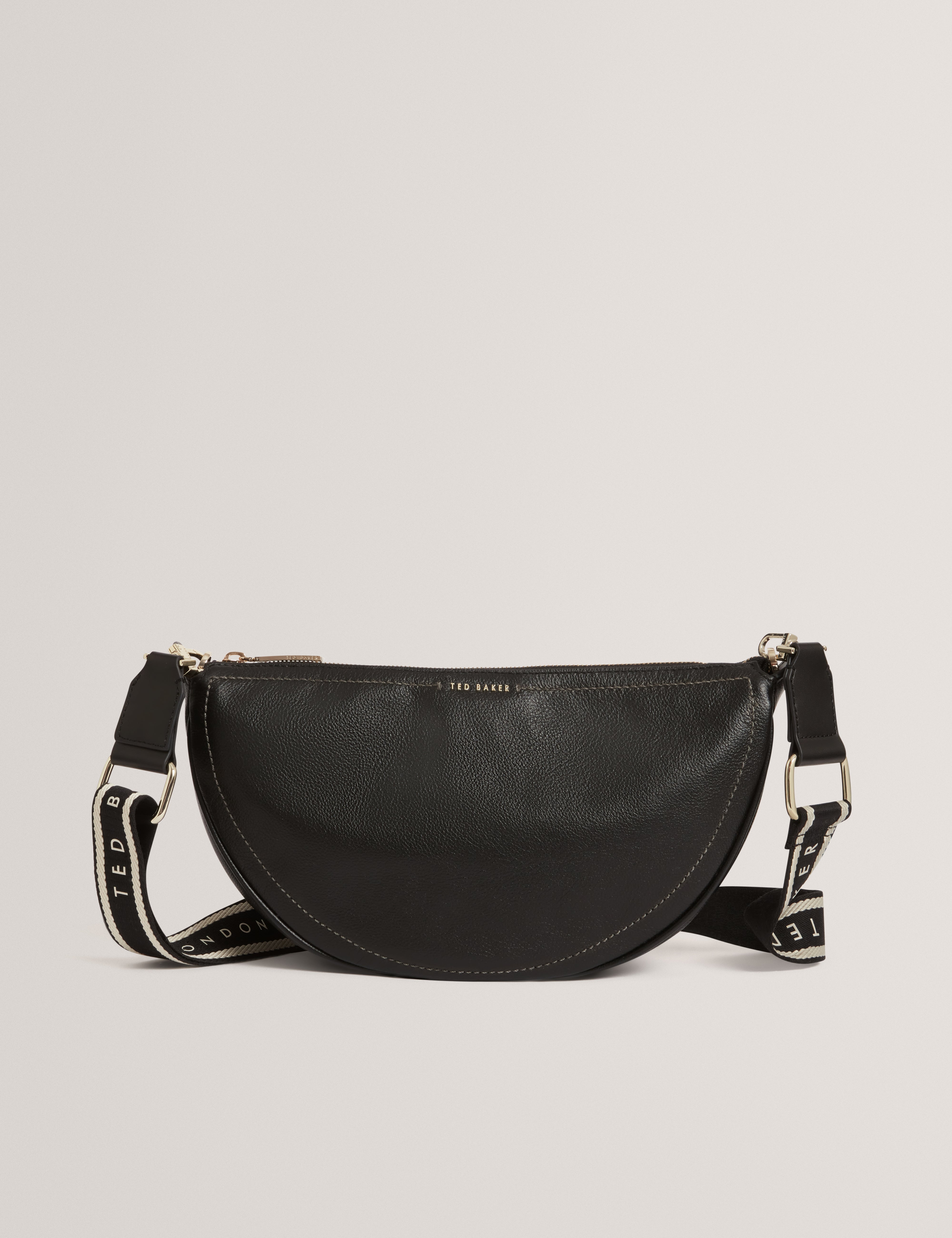 Lorreen Webbing Leather Half Moon Crossbody Bag Black