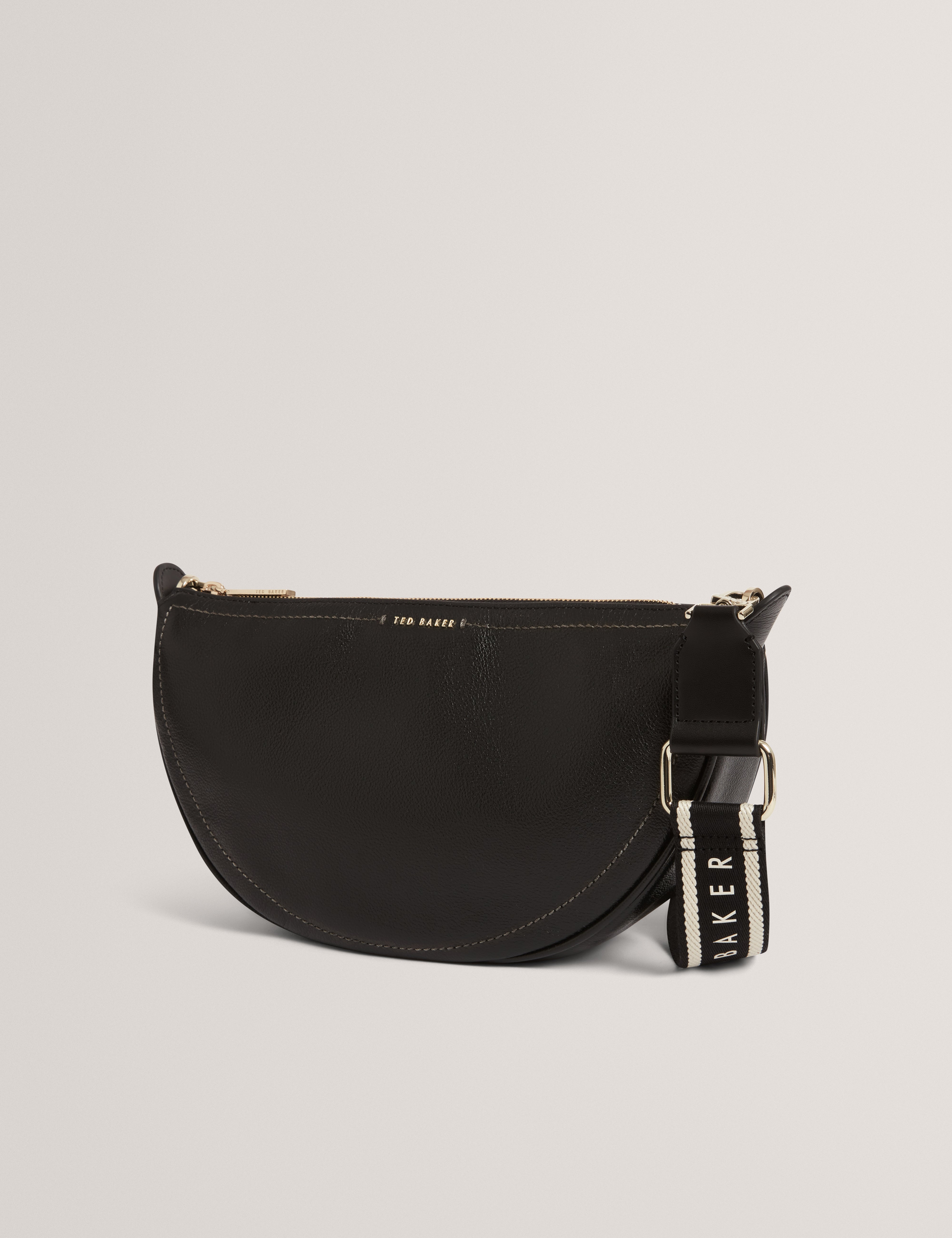 Lorreen Webbing Leather Half Moon Crossbody Bag Black