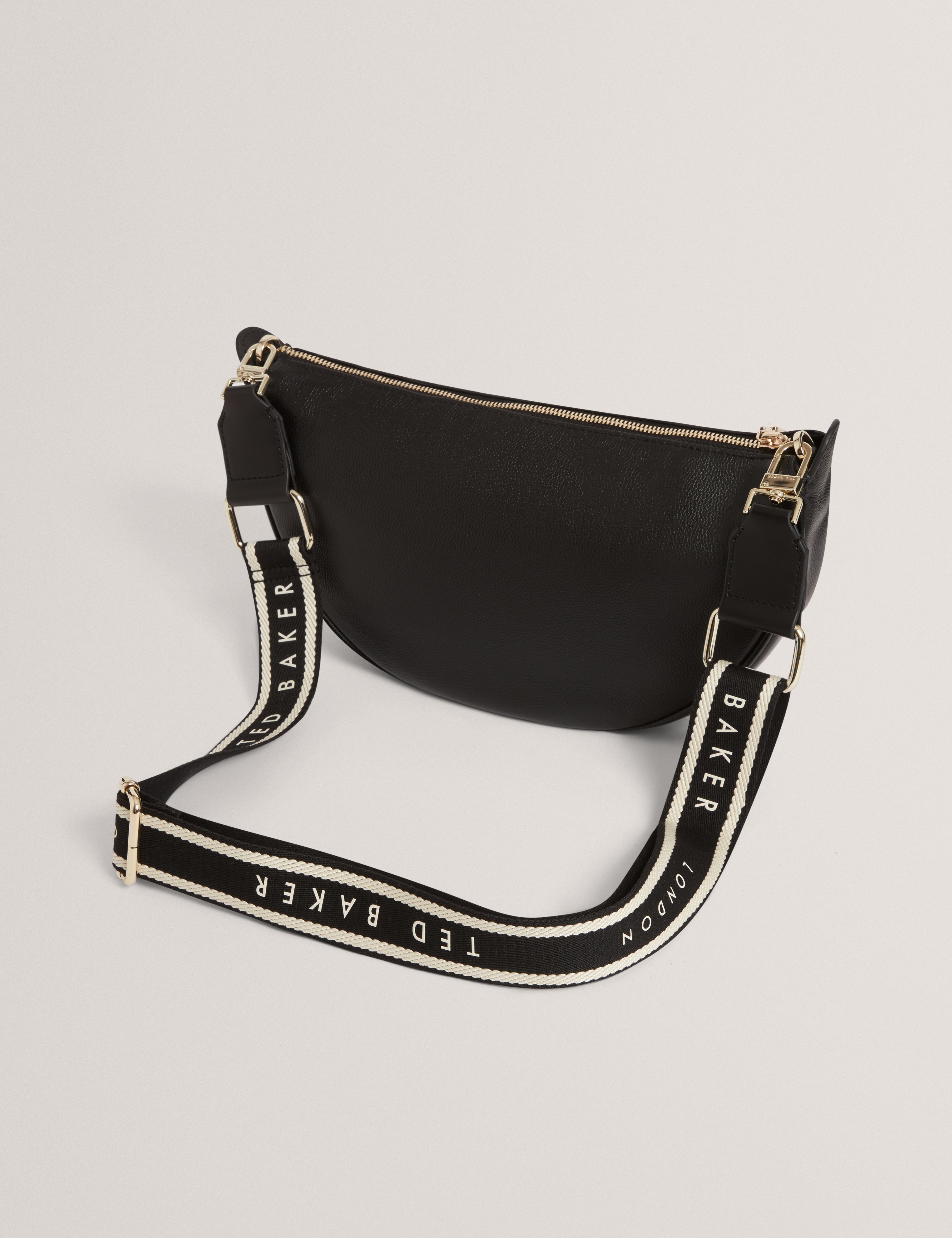 Lorreen Webbing Leather Half Moon Crossbody Bag Black