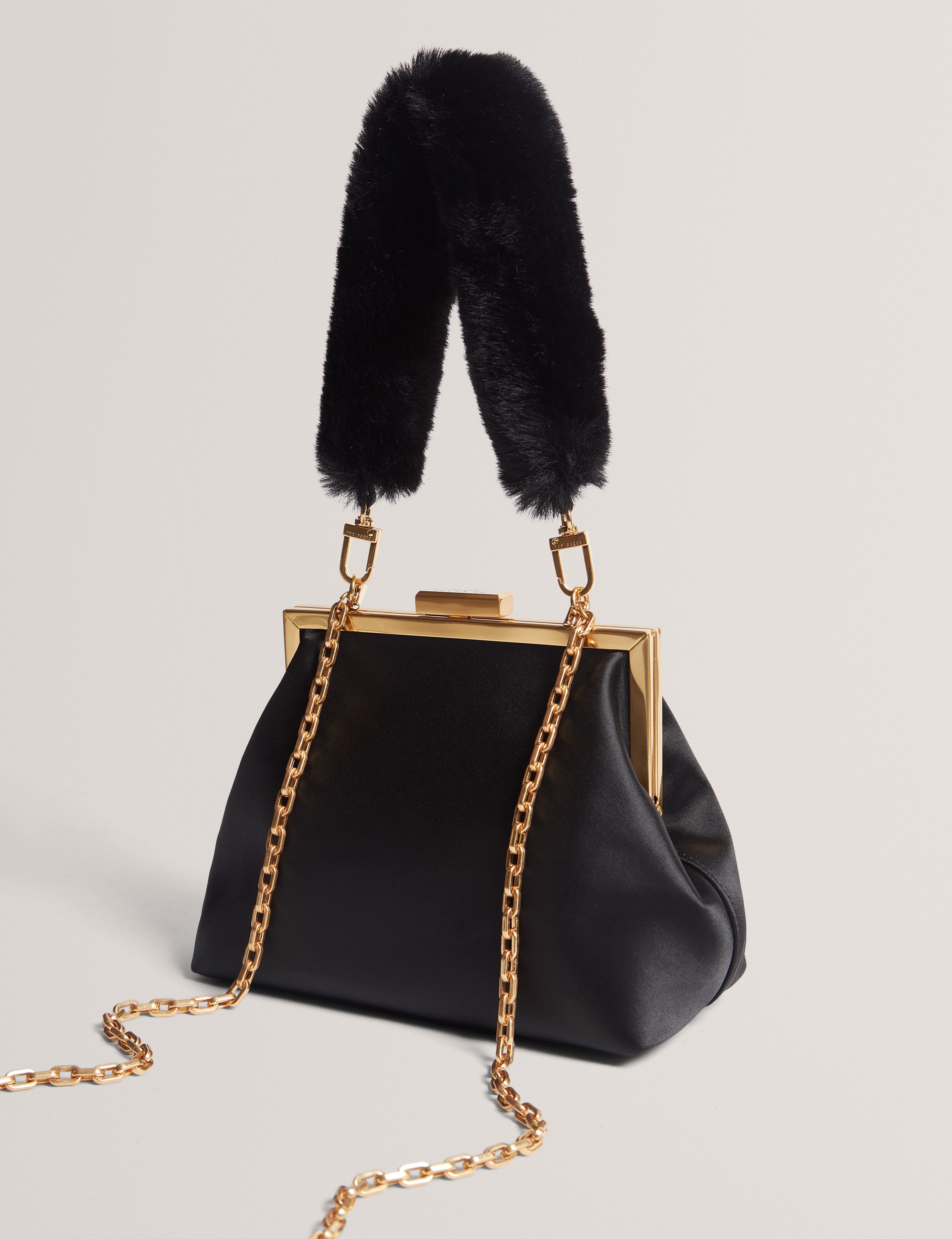Purcey Satin Fur Handle Clutch Bag Black