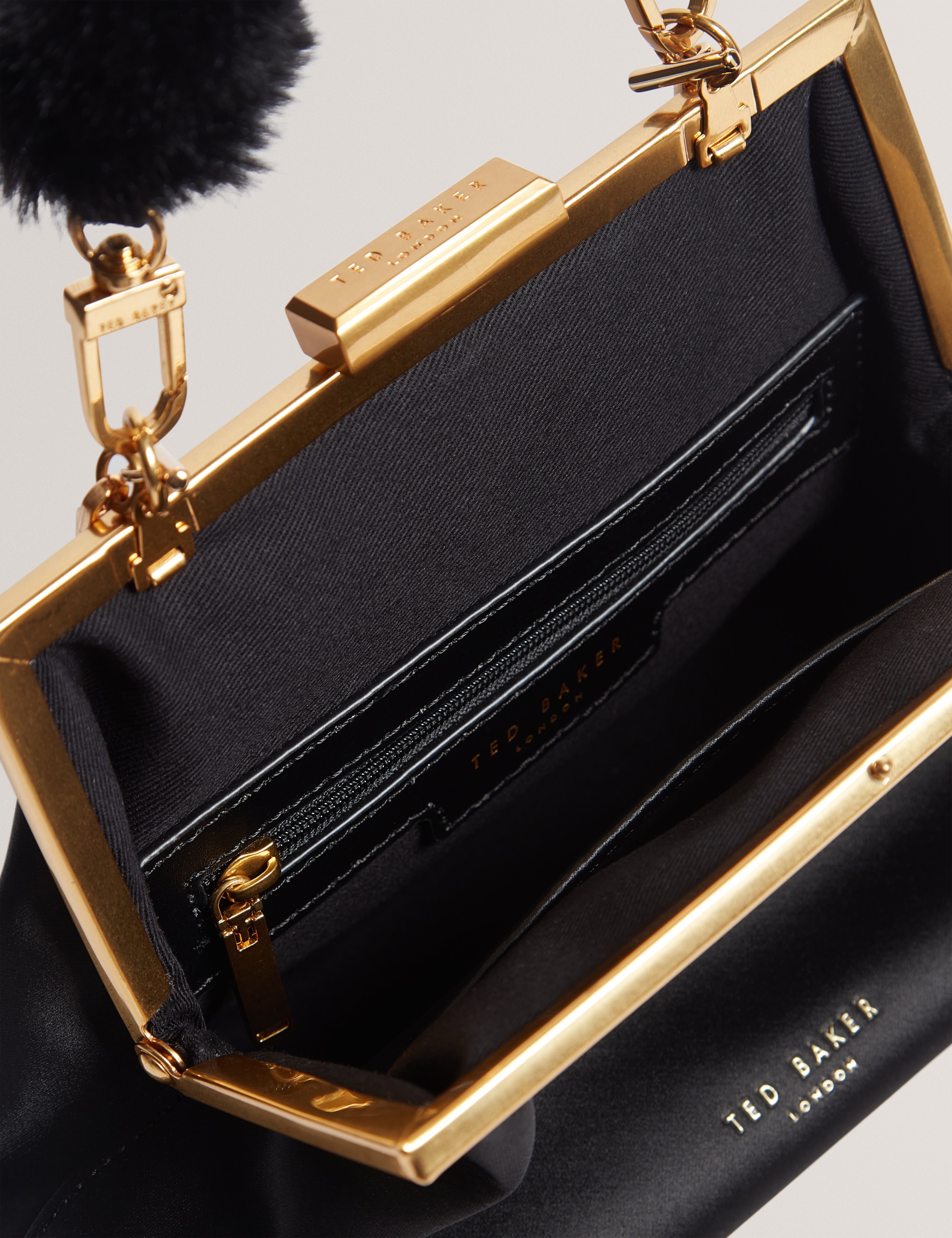 Purcey Satin Fur Handle Clutch Bag Black