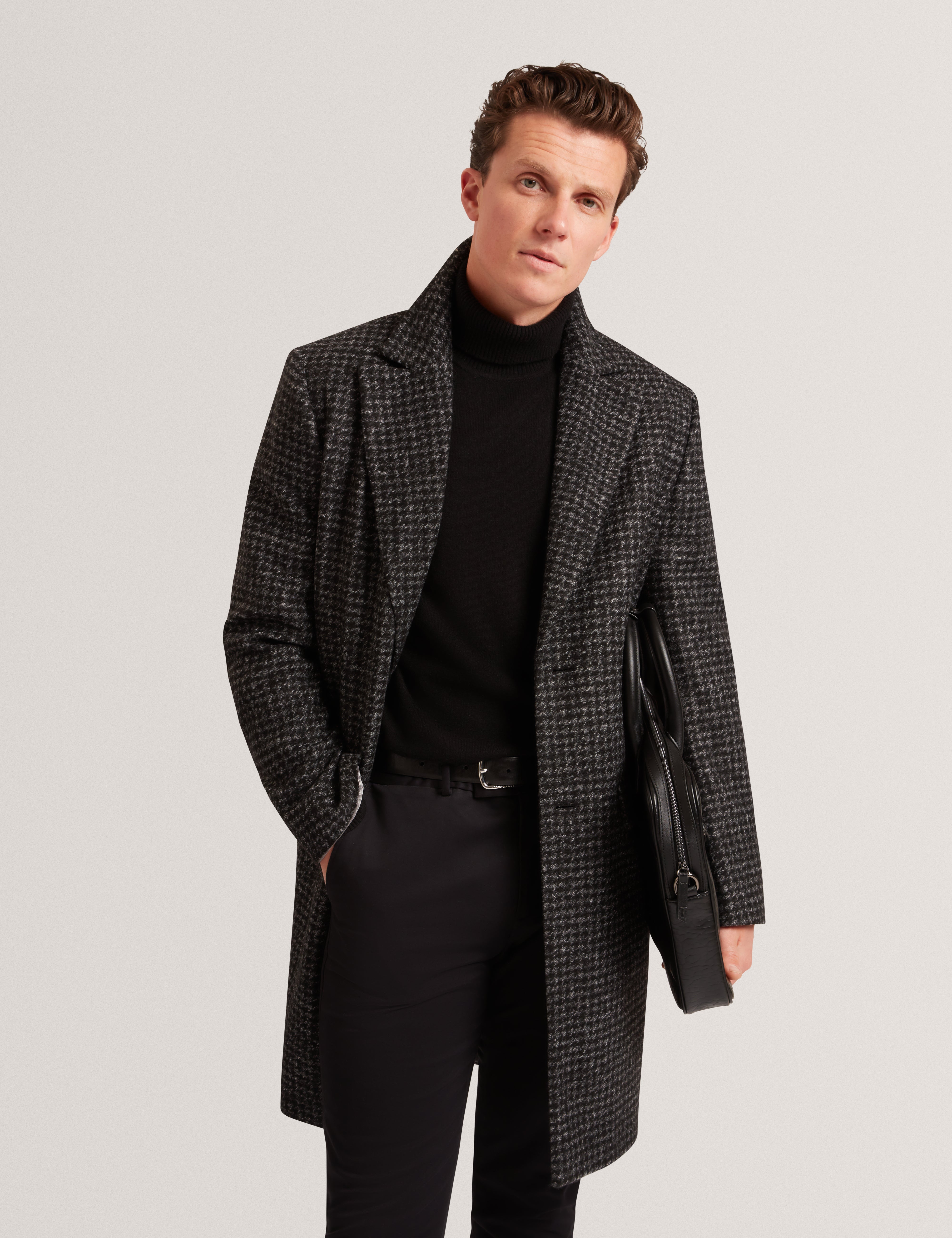Eppsom Relaxed Fit Knitted Houndstooth Coat Black