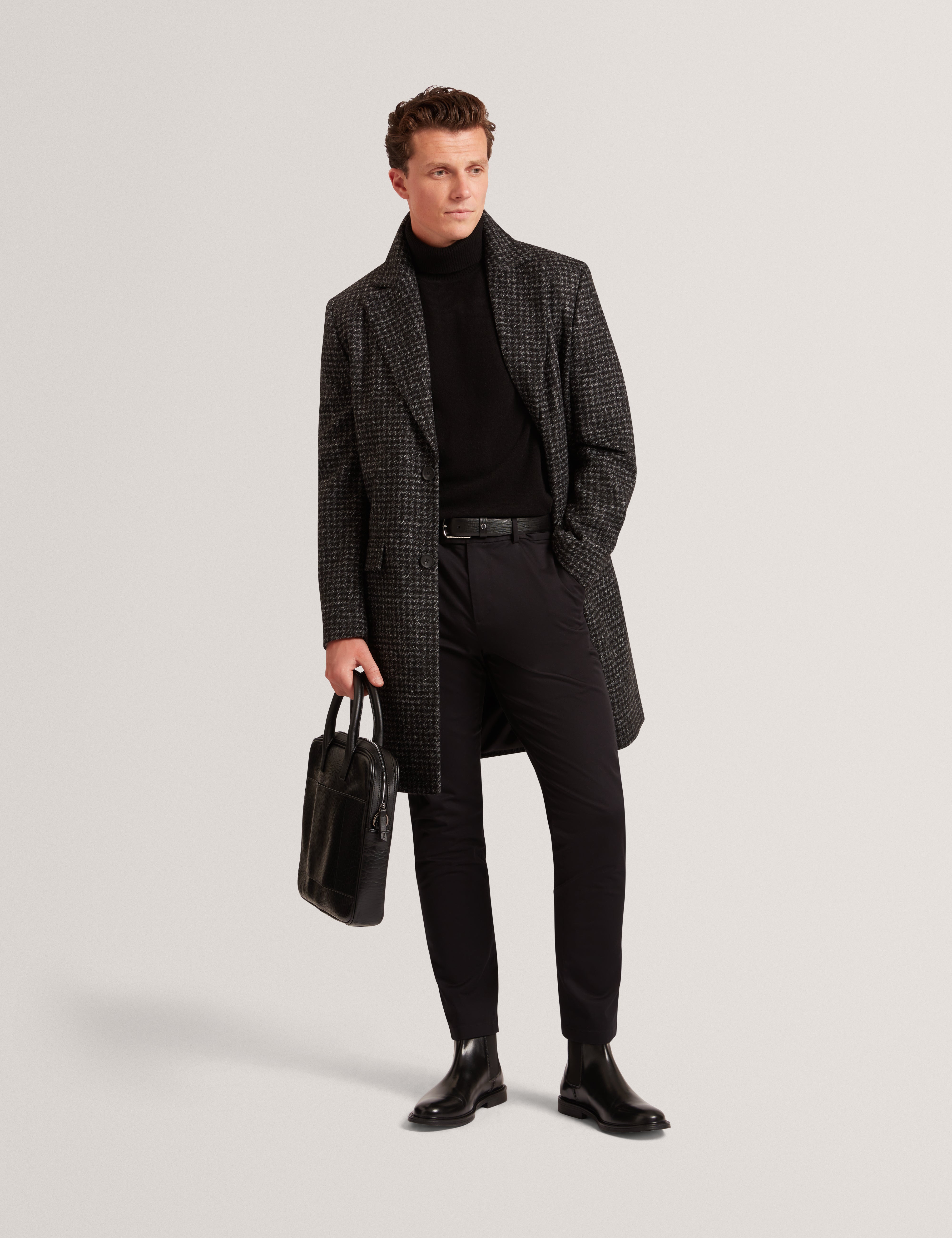 Eppsom Relaxed Fit Knitted Houndstooth Coat Black