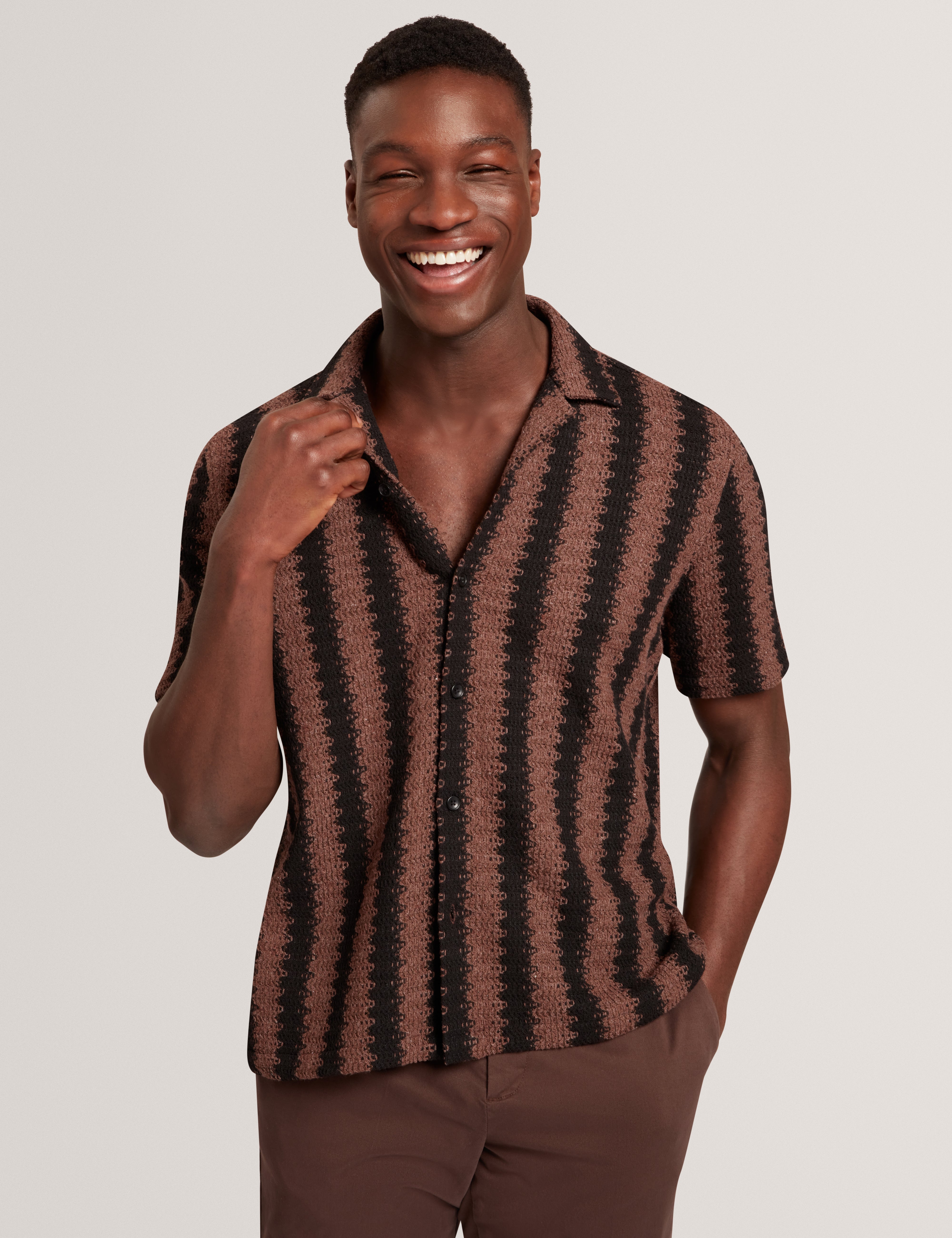 Monier Short Sleeve Relaxed Striped Crotchet Shirt Black