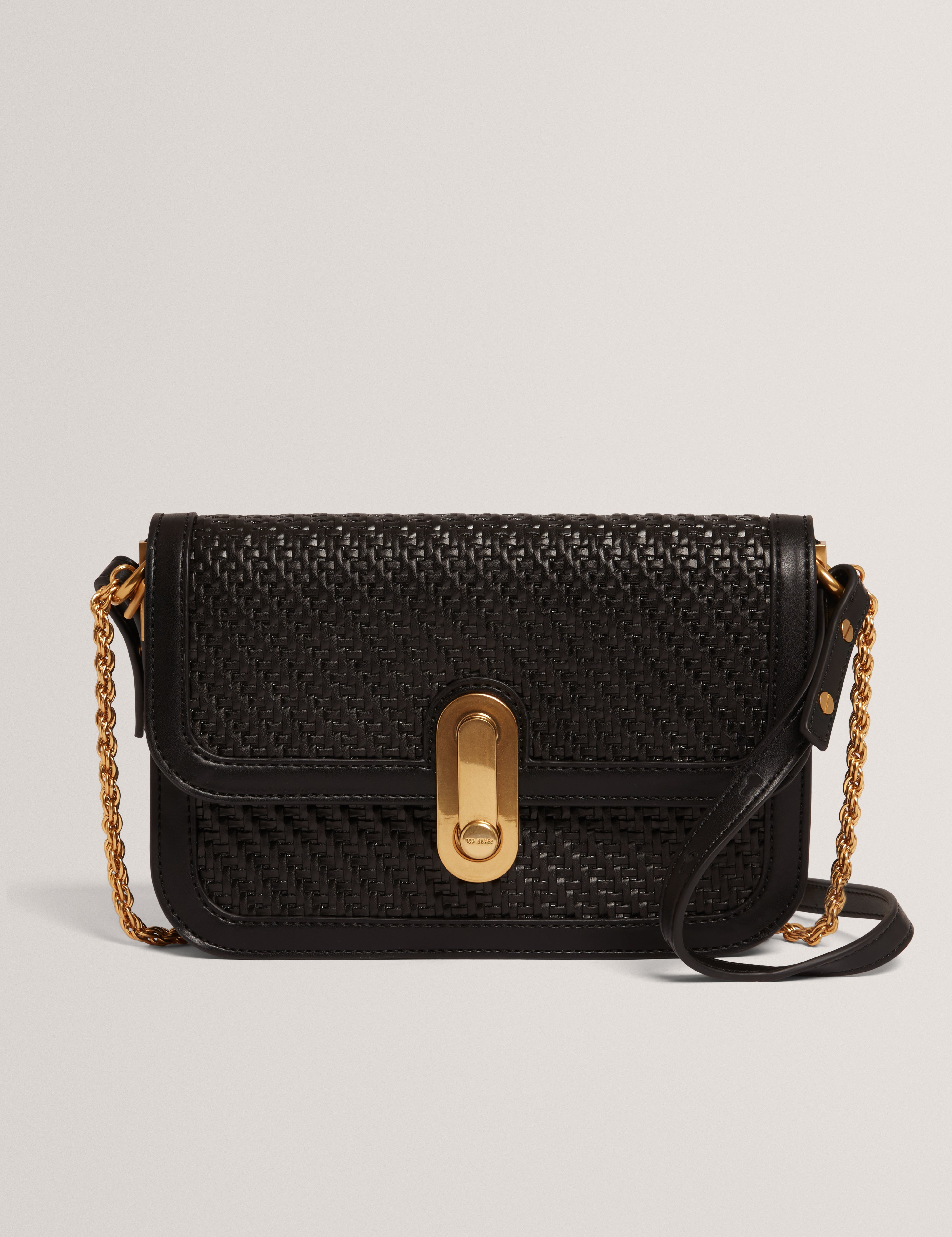 Walkerr Twist Lock Detail Woven Embossed Leather Black