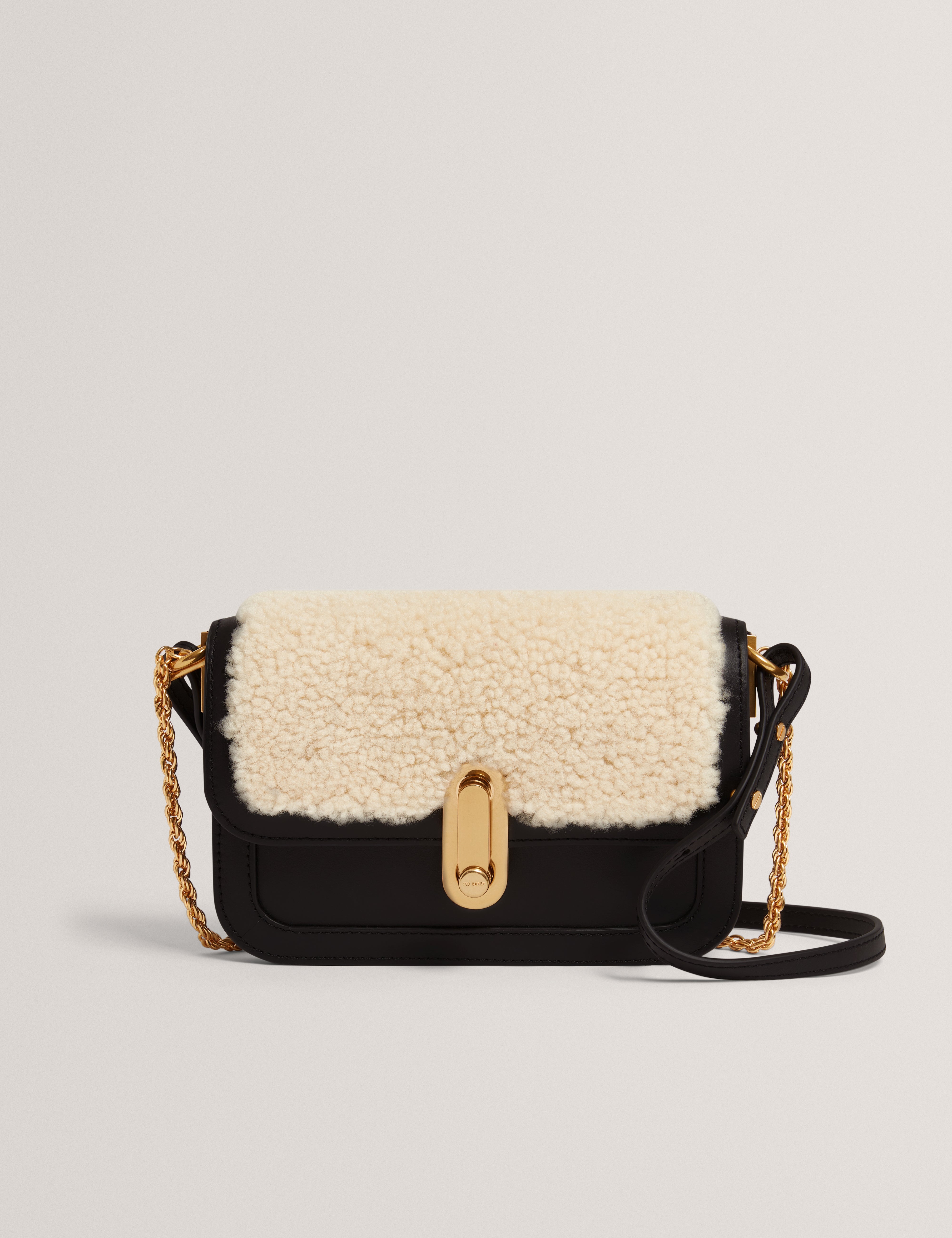 Sherlin Twist Lock Detail Shearling Shoulder Bag Black