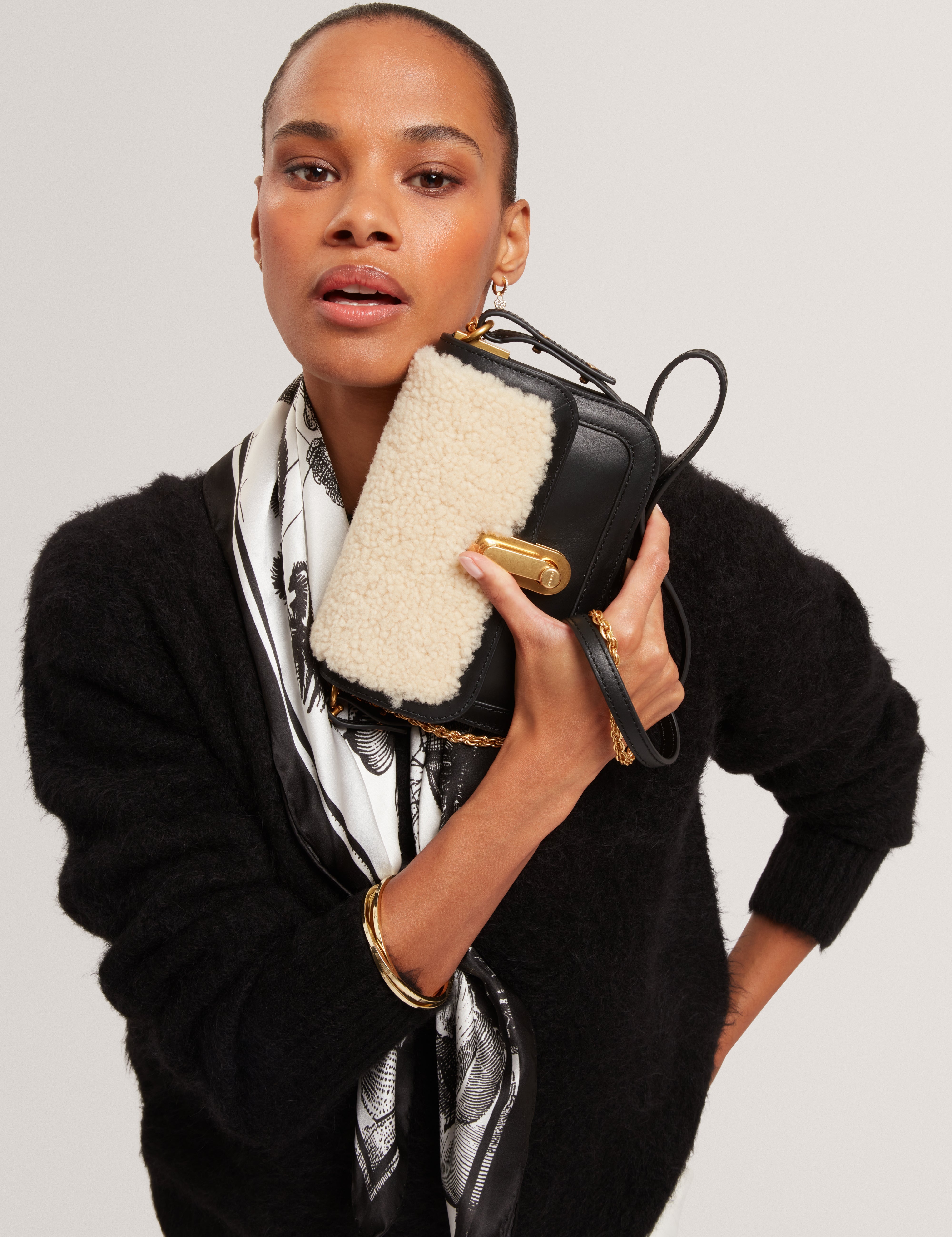 Sherlin Twist Lock Detail Shearling Shoulder Bag Black