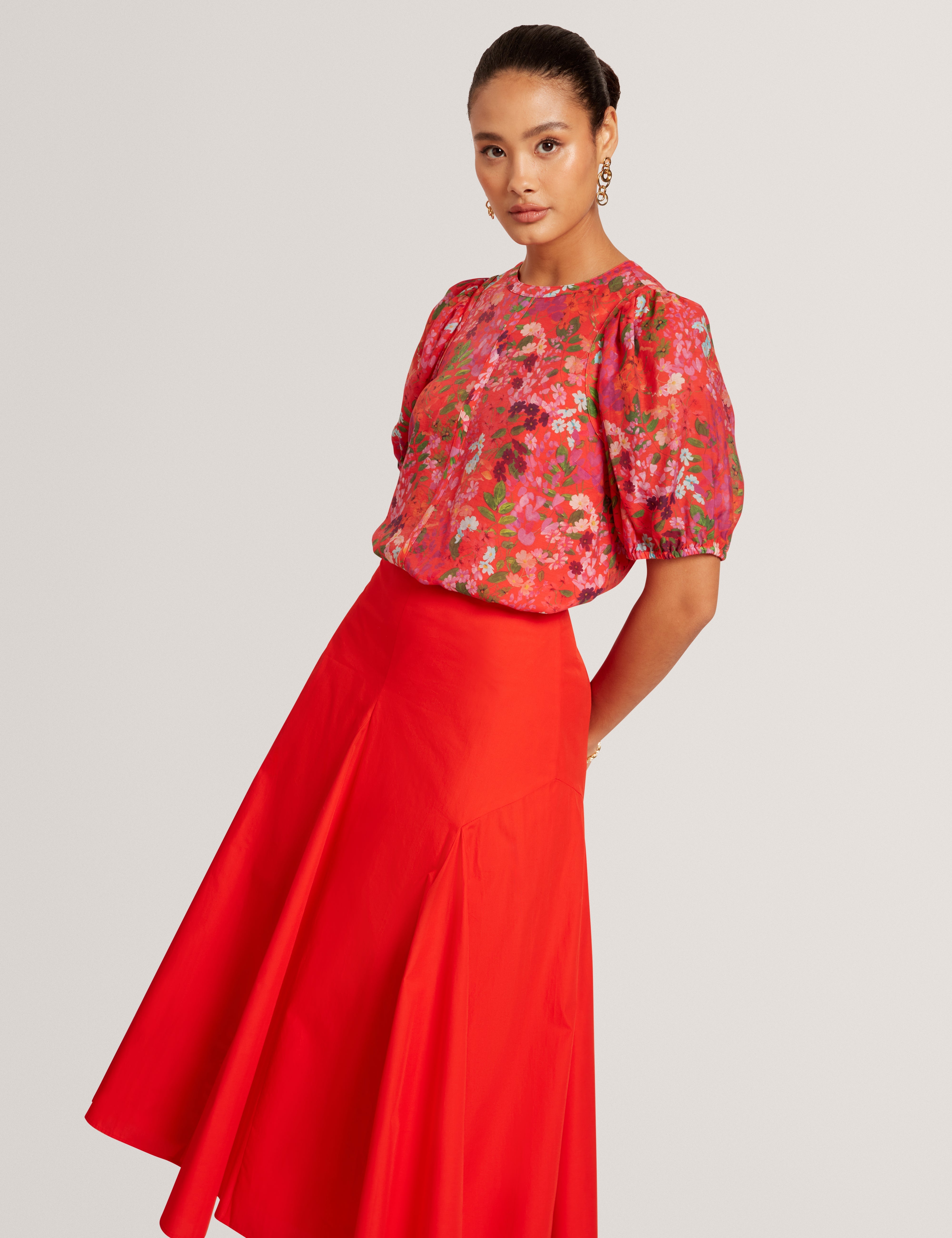 Hahtie Printed Puff Sleeve Top Red