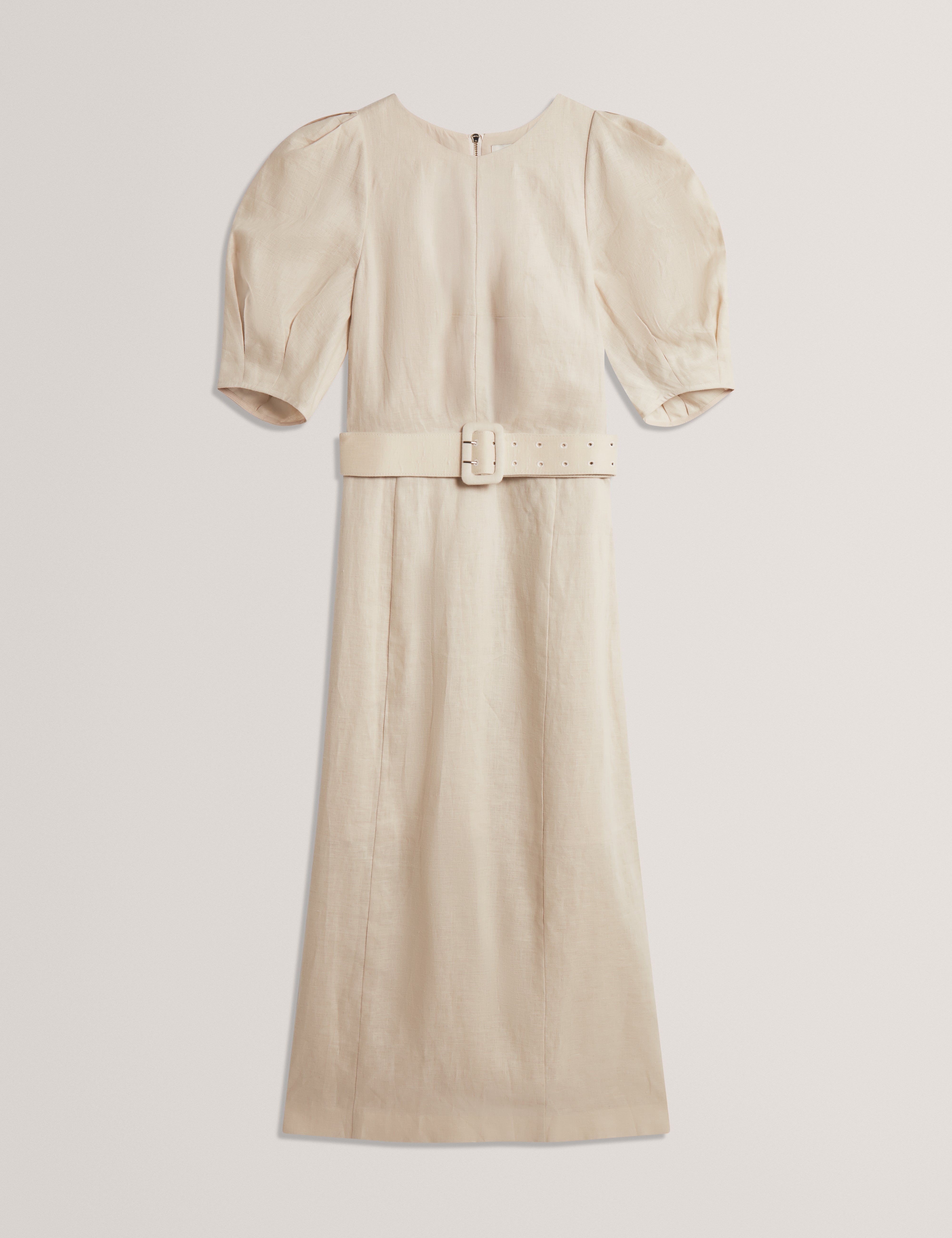 Rumbee Belted Puff Sleeve Midi Dress Natural