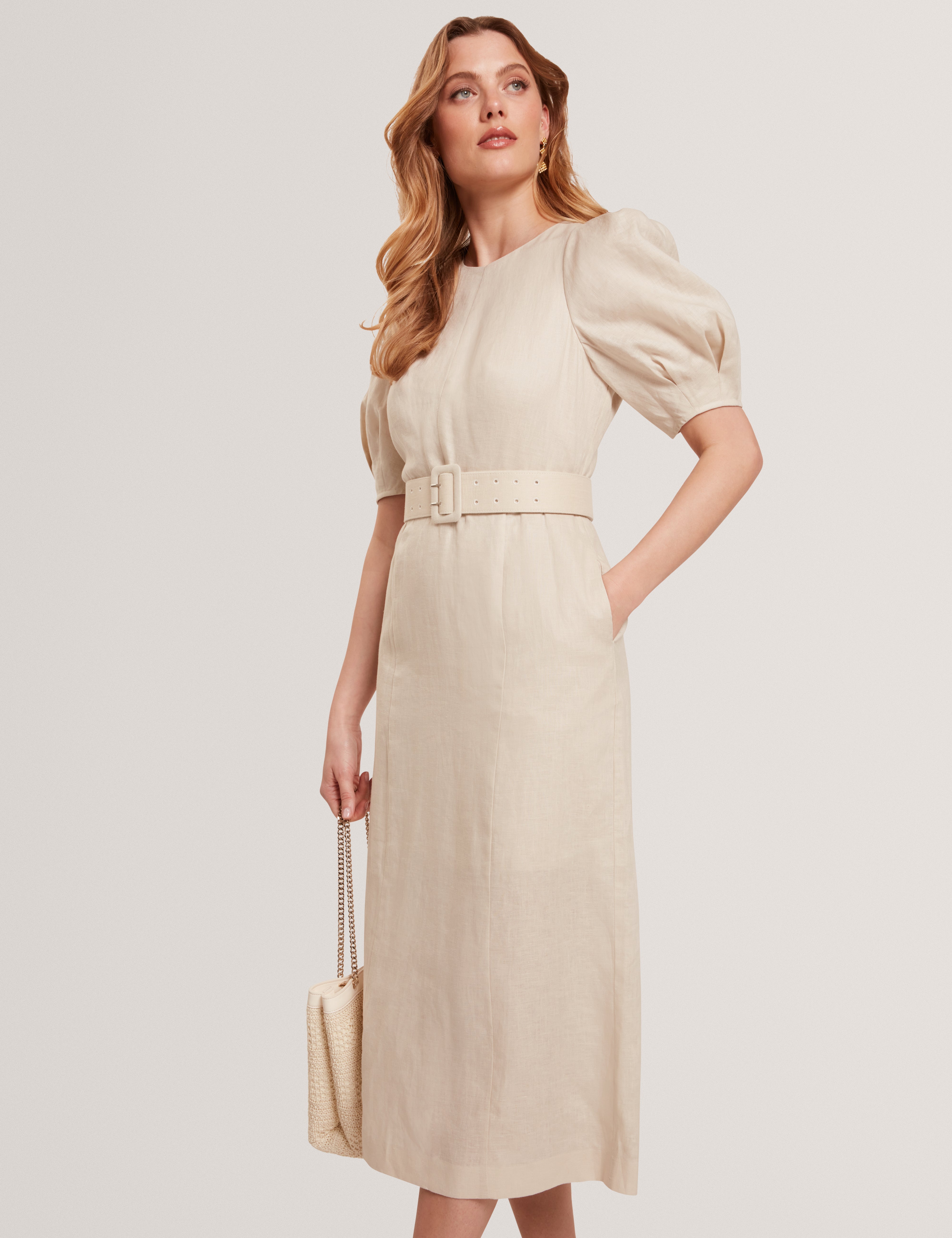 Rumbee Belted Puff Sleeve Midi Dress Natural
