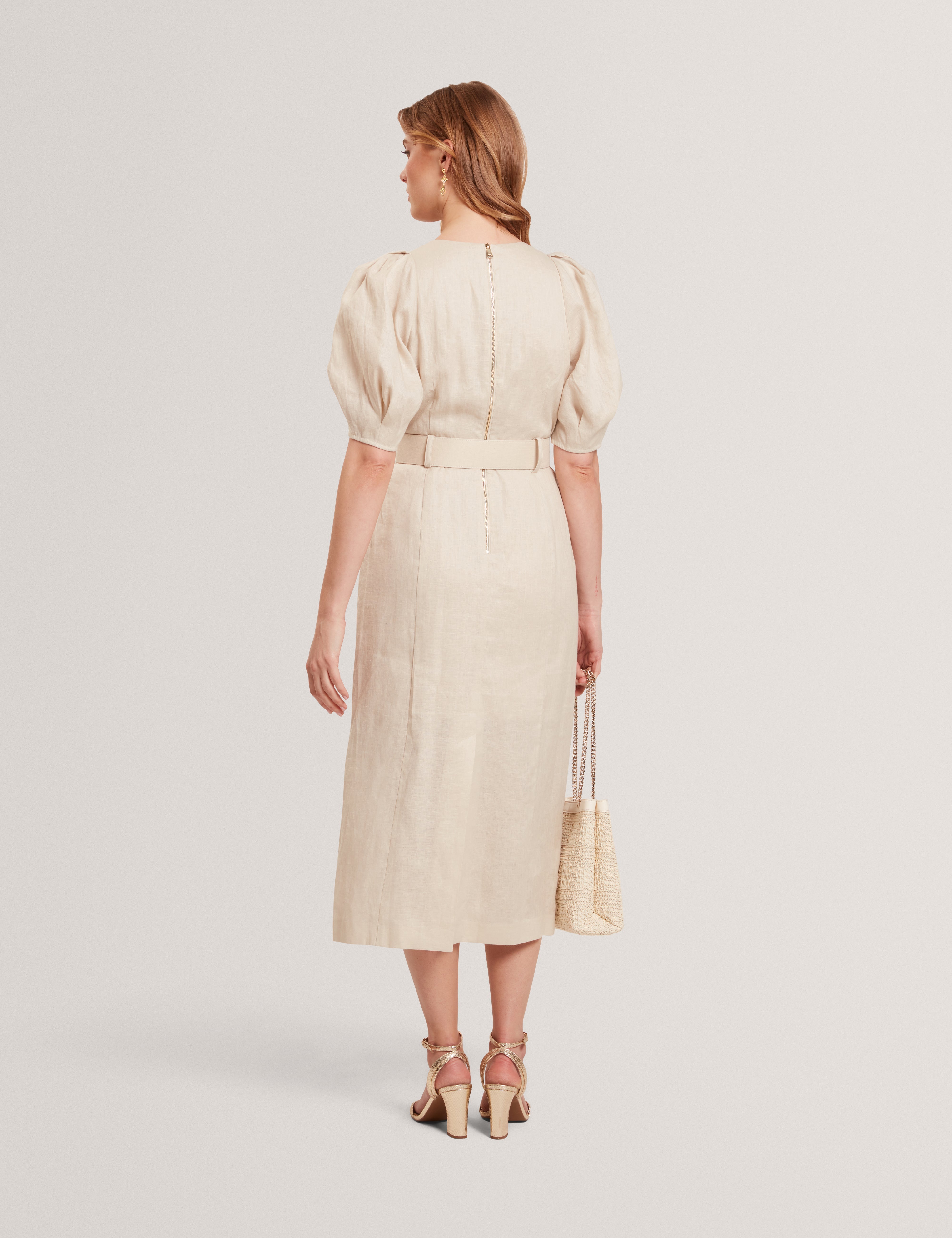 Rumbee Belted Puff Sleeve Midi Dress Natural