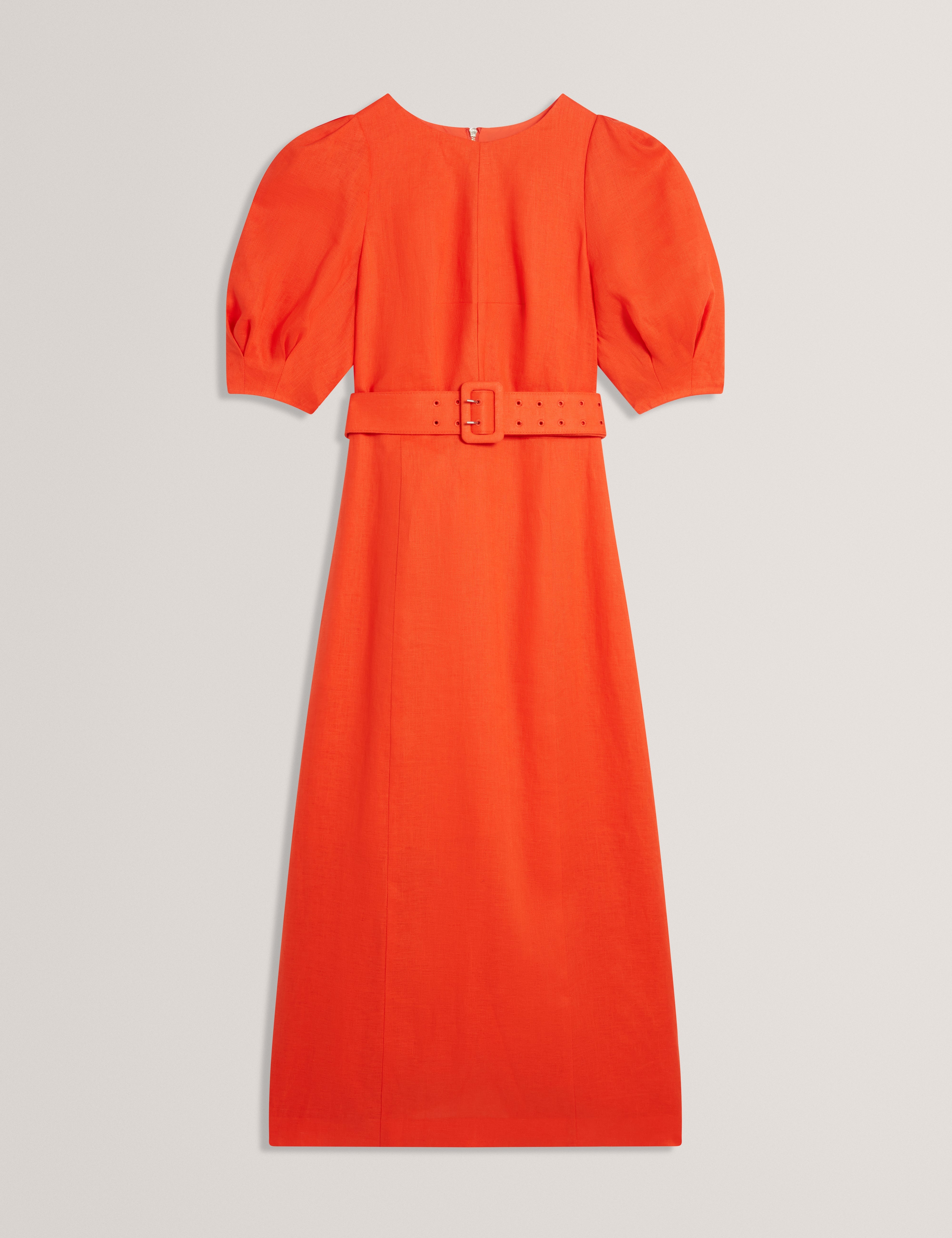 Rumbee Belted Puff Sleeve Midi Dress Orange