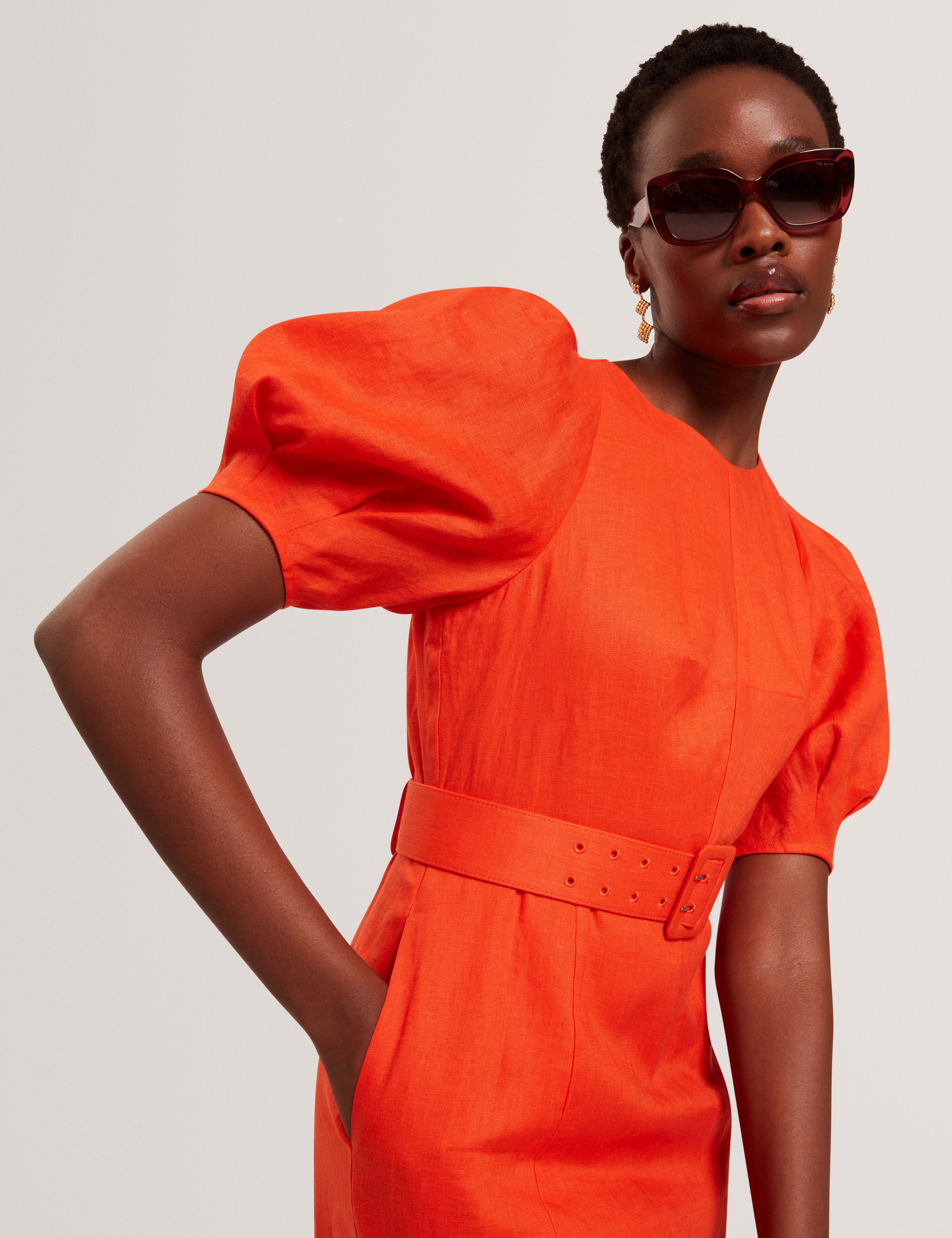 Rumbee Belted Puff Sleeve Midi Dress Orange