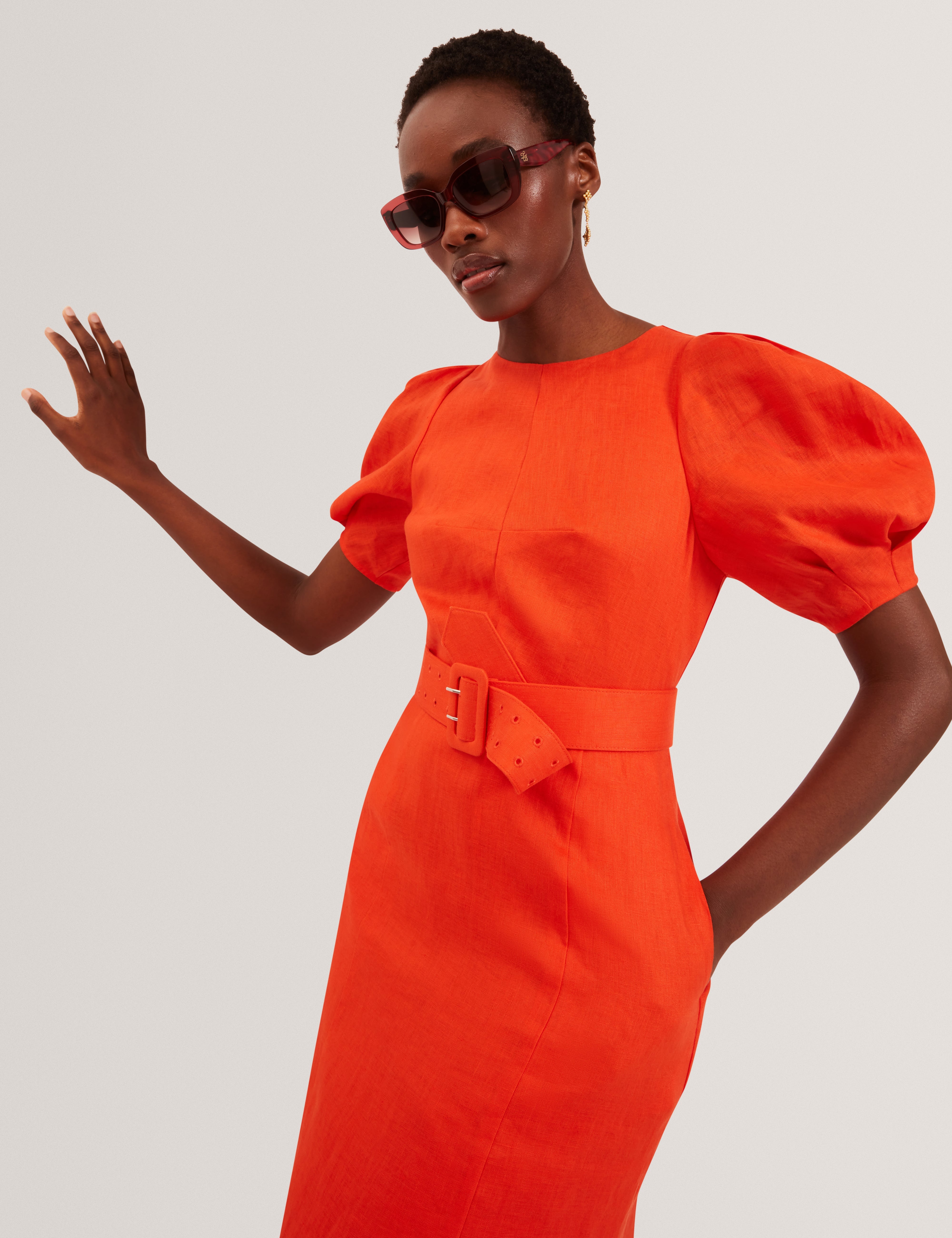 Rumbee Belted Puff Sleeve Midi Dress Orange
