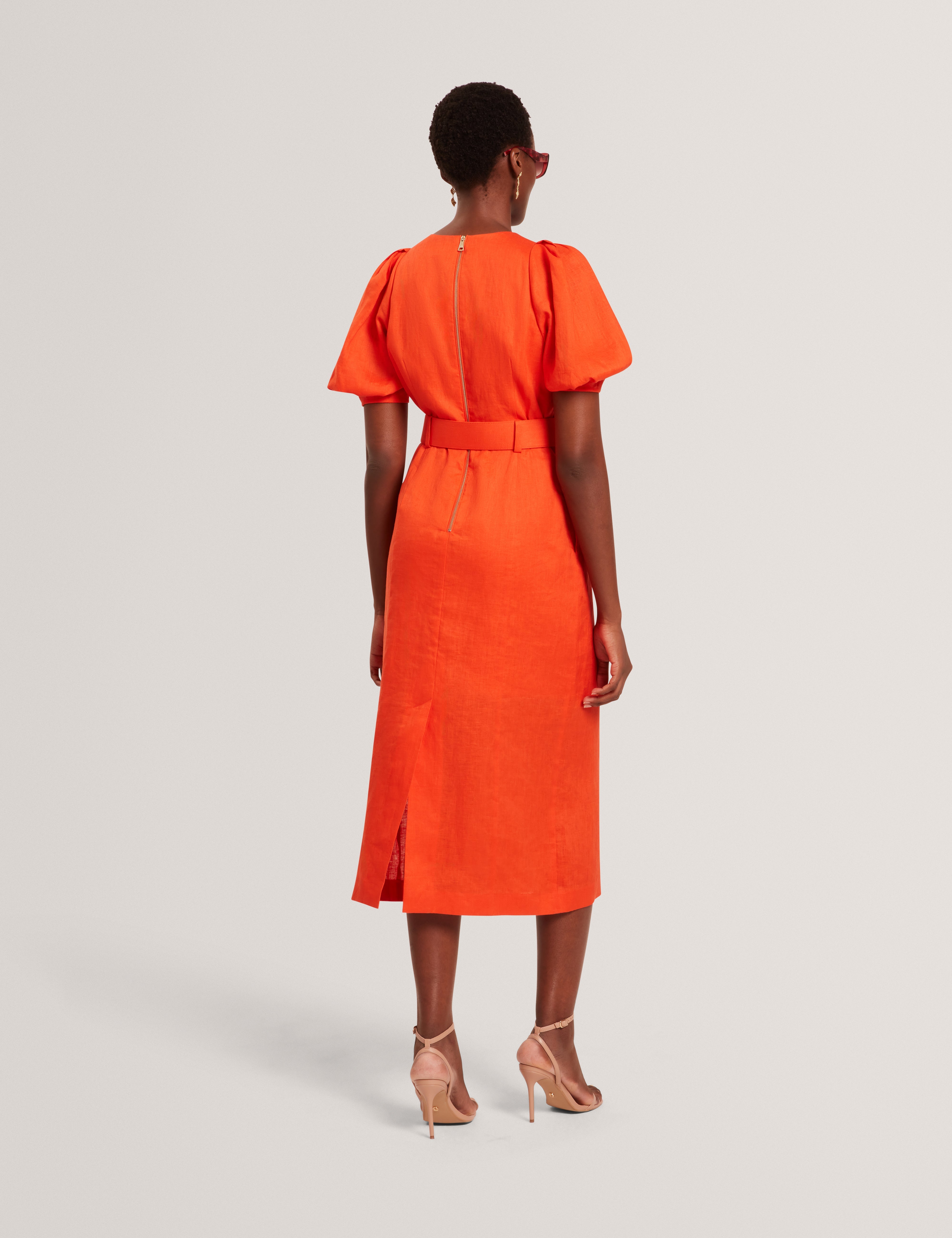 Rumbee Belted Puff Sleeve Midi Dress Orange
