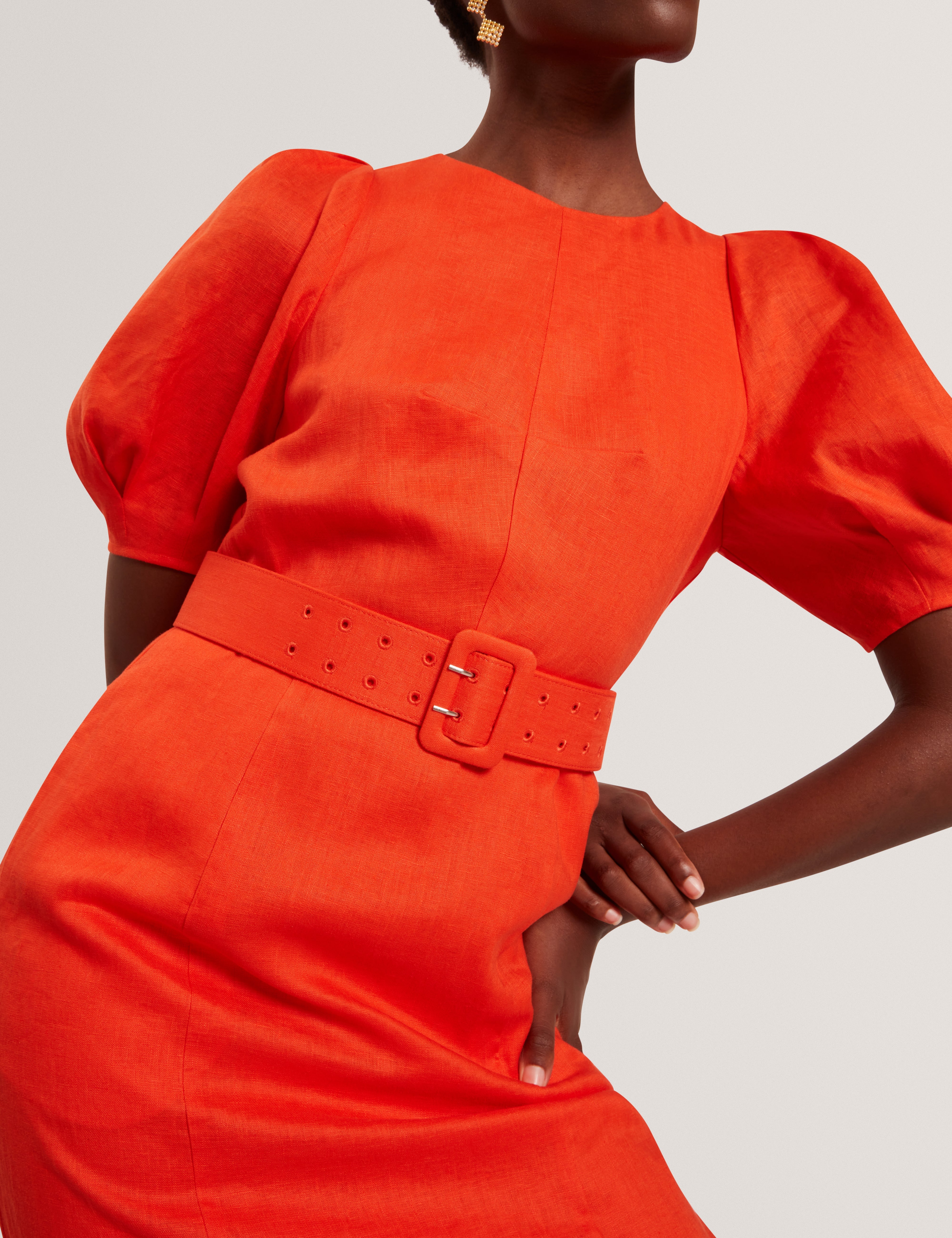Rumbee Belted Puff Sleeve Midi Dress Orange
