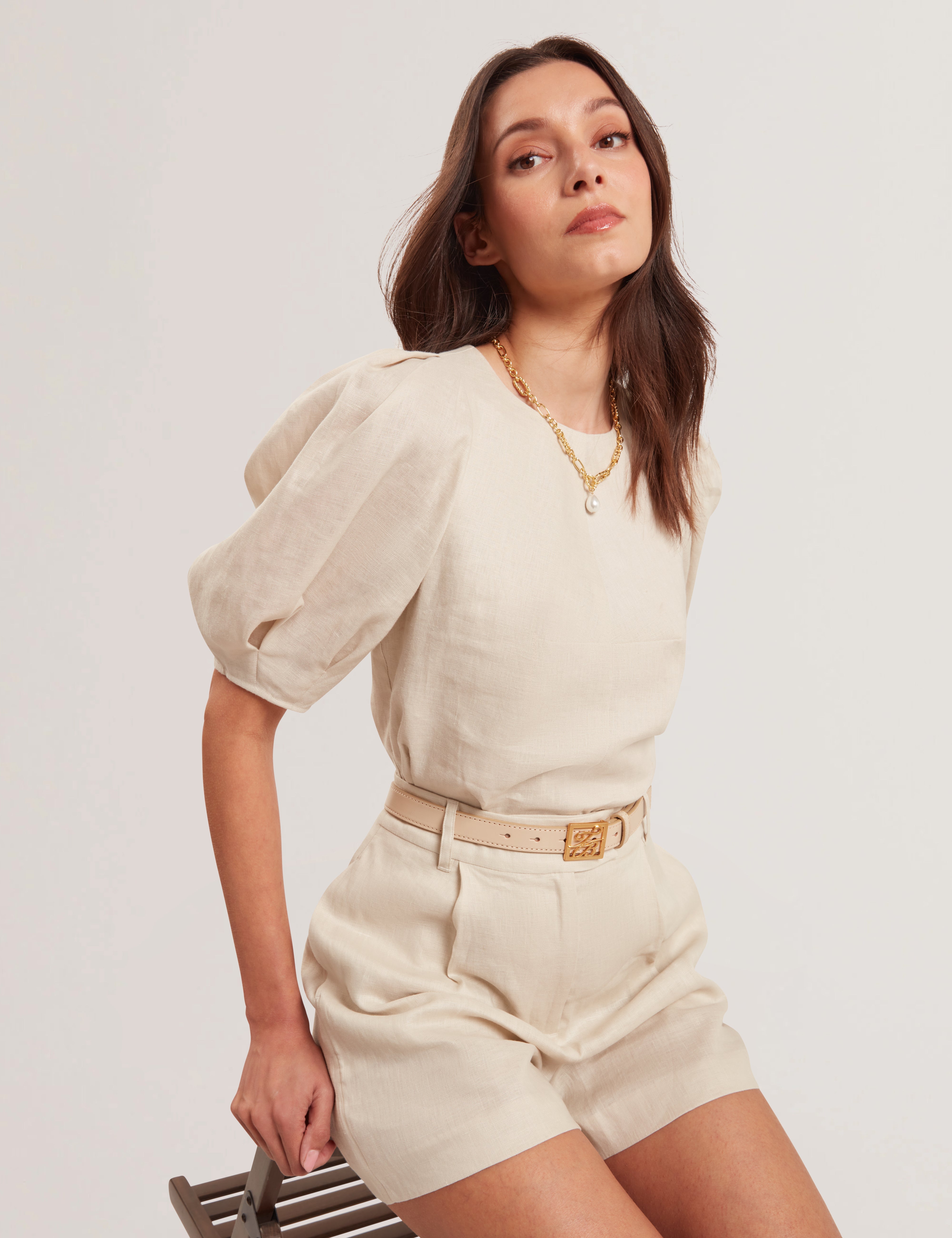 Limarie Linen Puff Sleeve Straight Top Natural