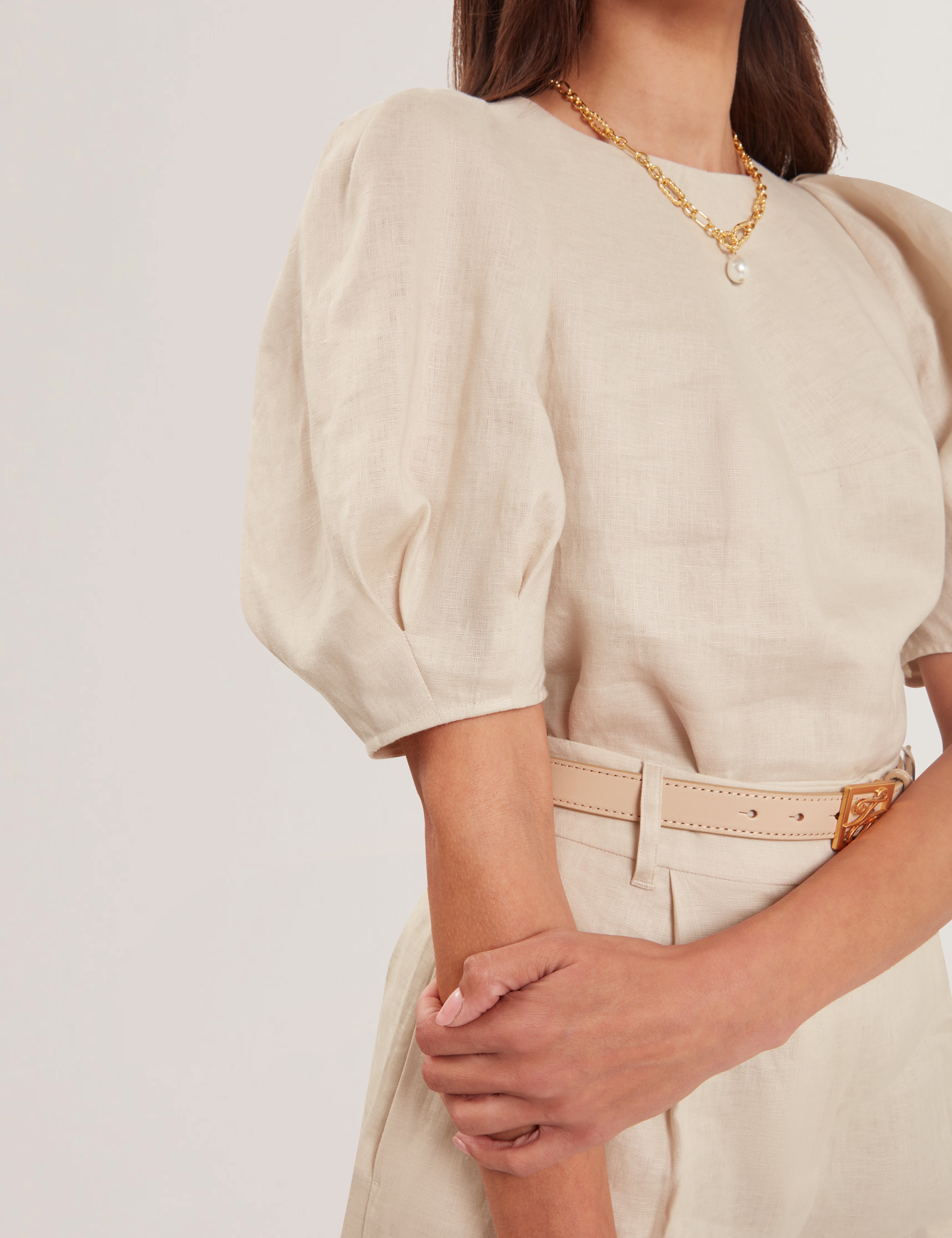 Limarie Linen Puff Sleeve Straight Top Natural