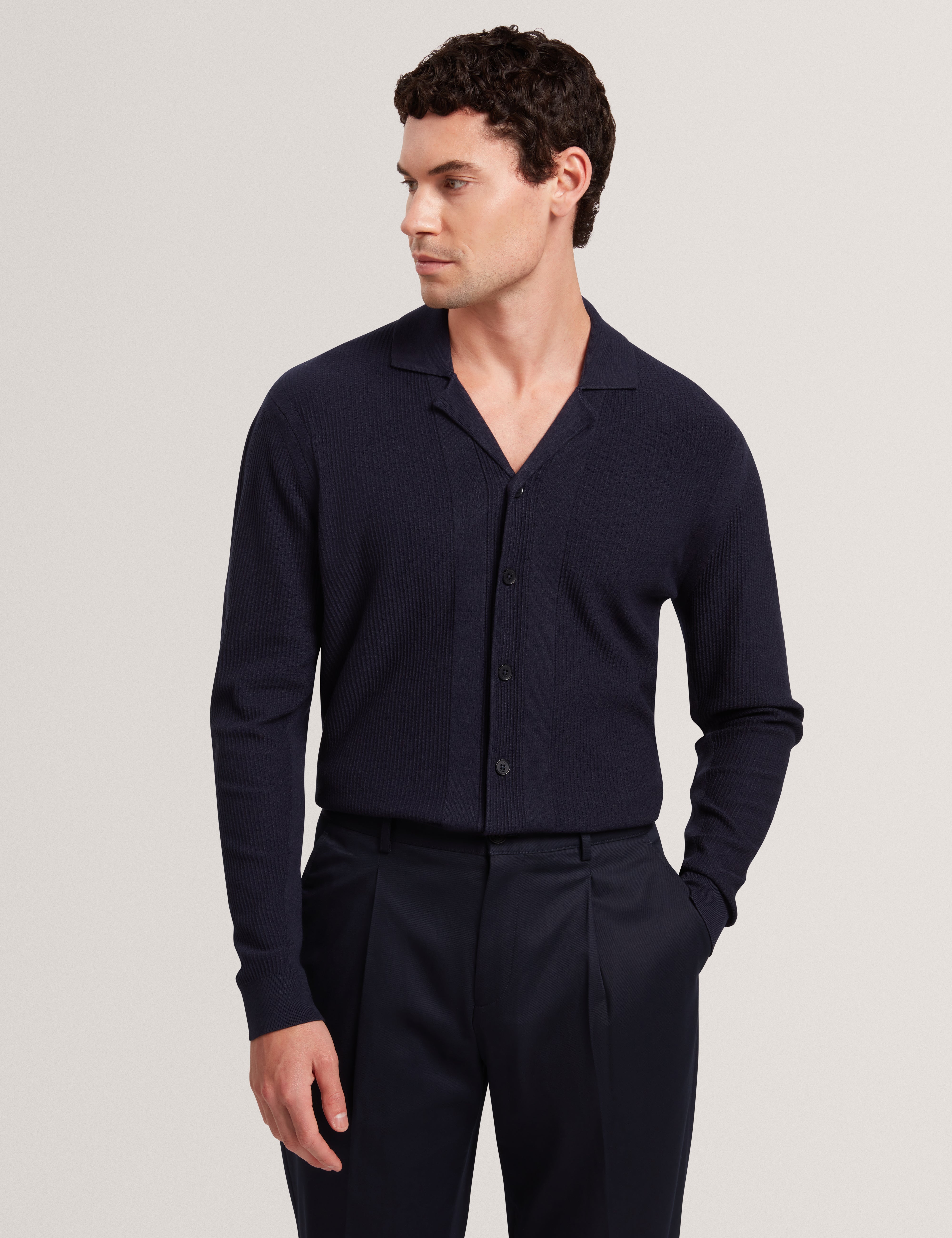 Diarmad Long Sleeve Rib Button Thru Knit Polo Navy